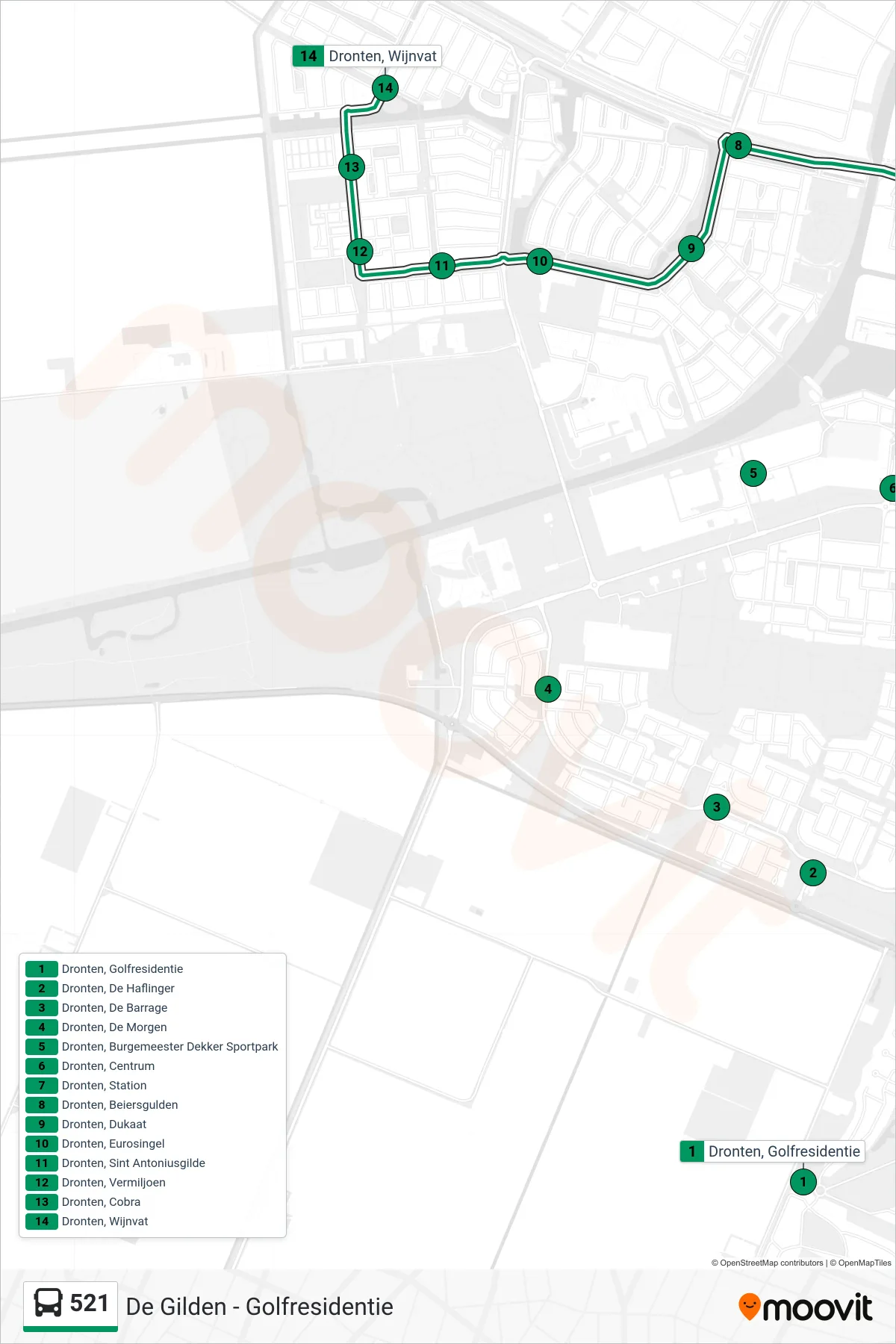 Lijn 521 (bus, Wijnvat): route en haltes op de kaart