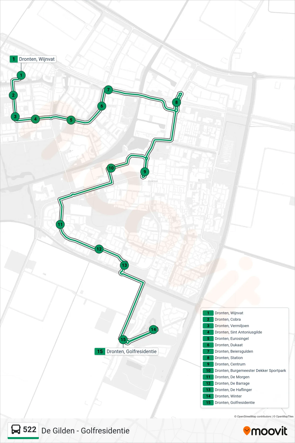 Lijn 522 (bus, Golfresidentie): route en haltes op de kaart