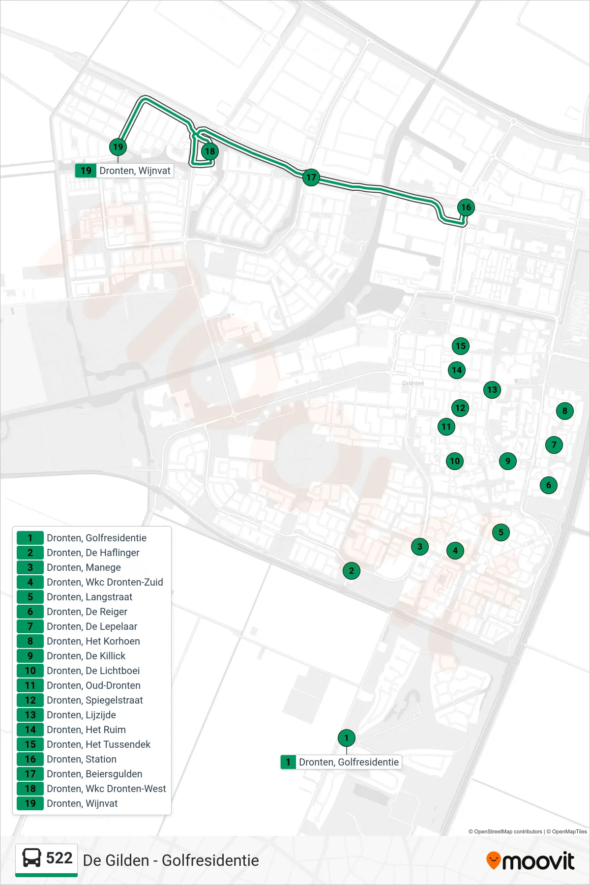 Lijn 522 (bus, Wijnvat): route en haltes op de kaart