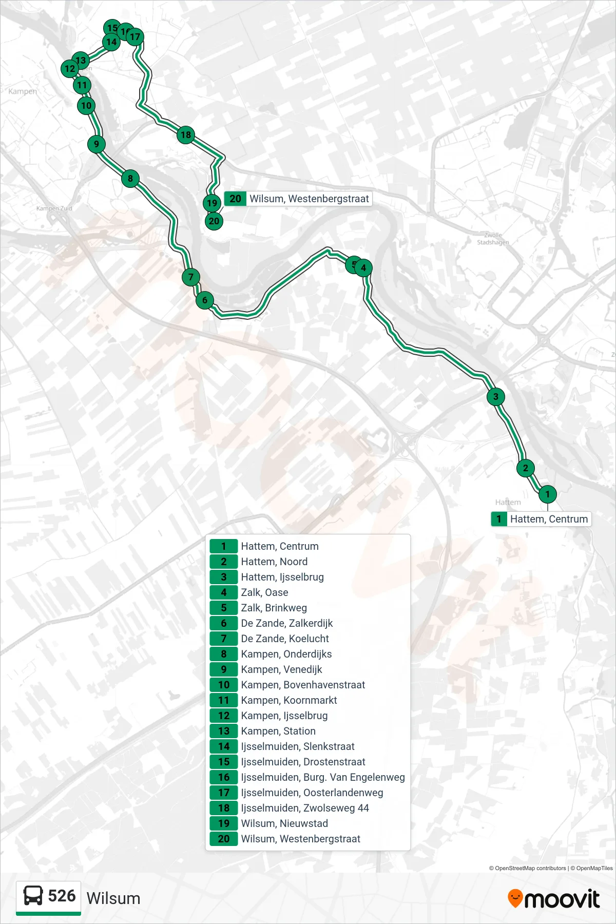 526 bus Line (Wilsum) route and stops on a map