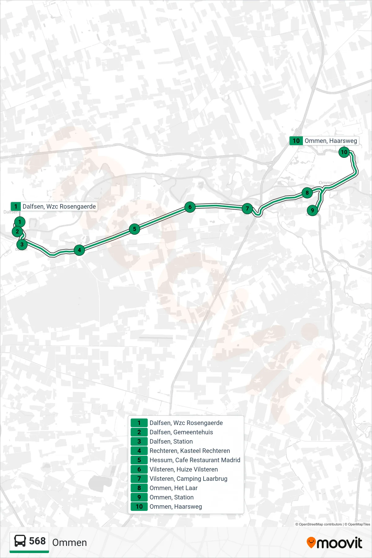 568 bus Line (Ommen) route and stops on a map
