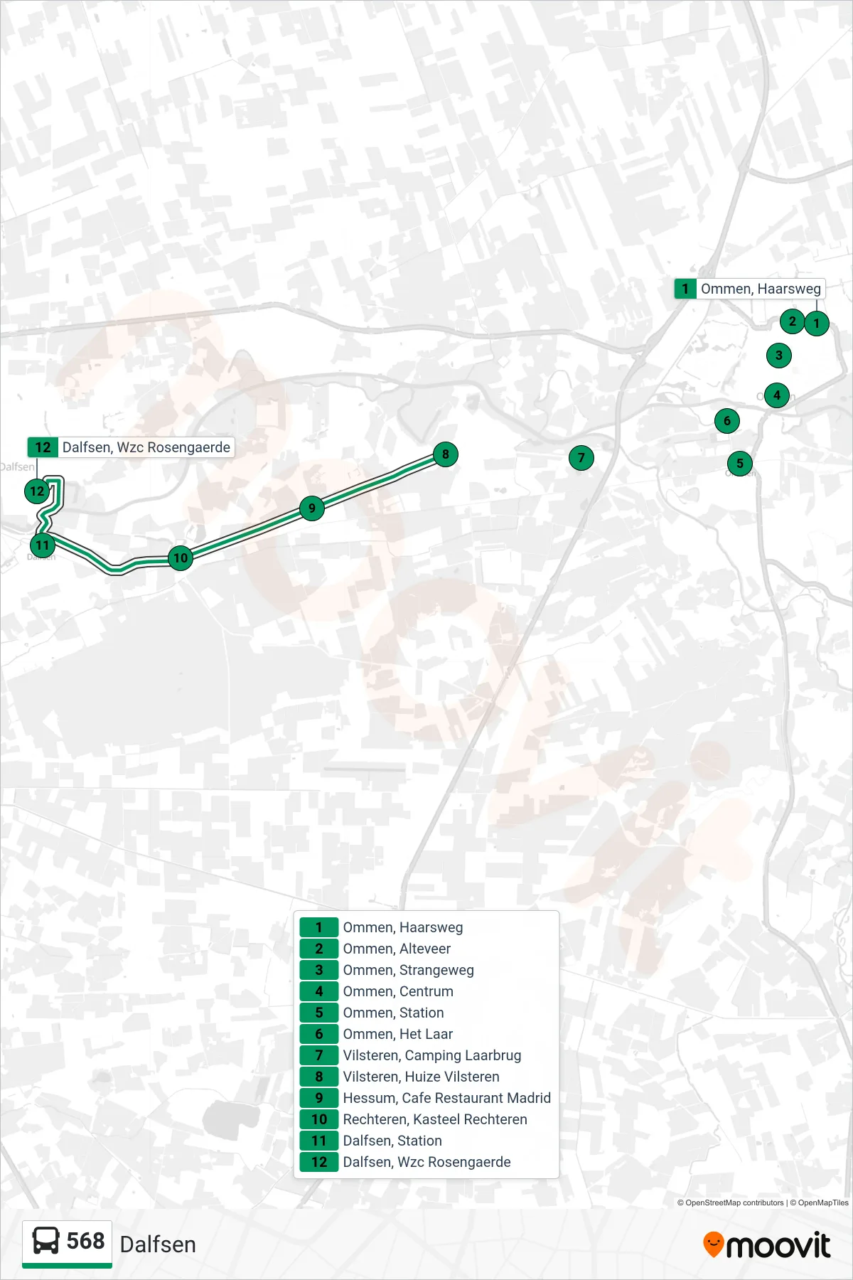 568 bus Line (Dalfsen) route and stops on a map