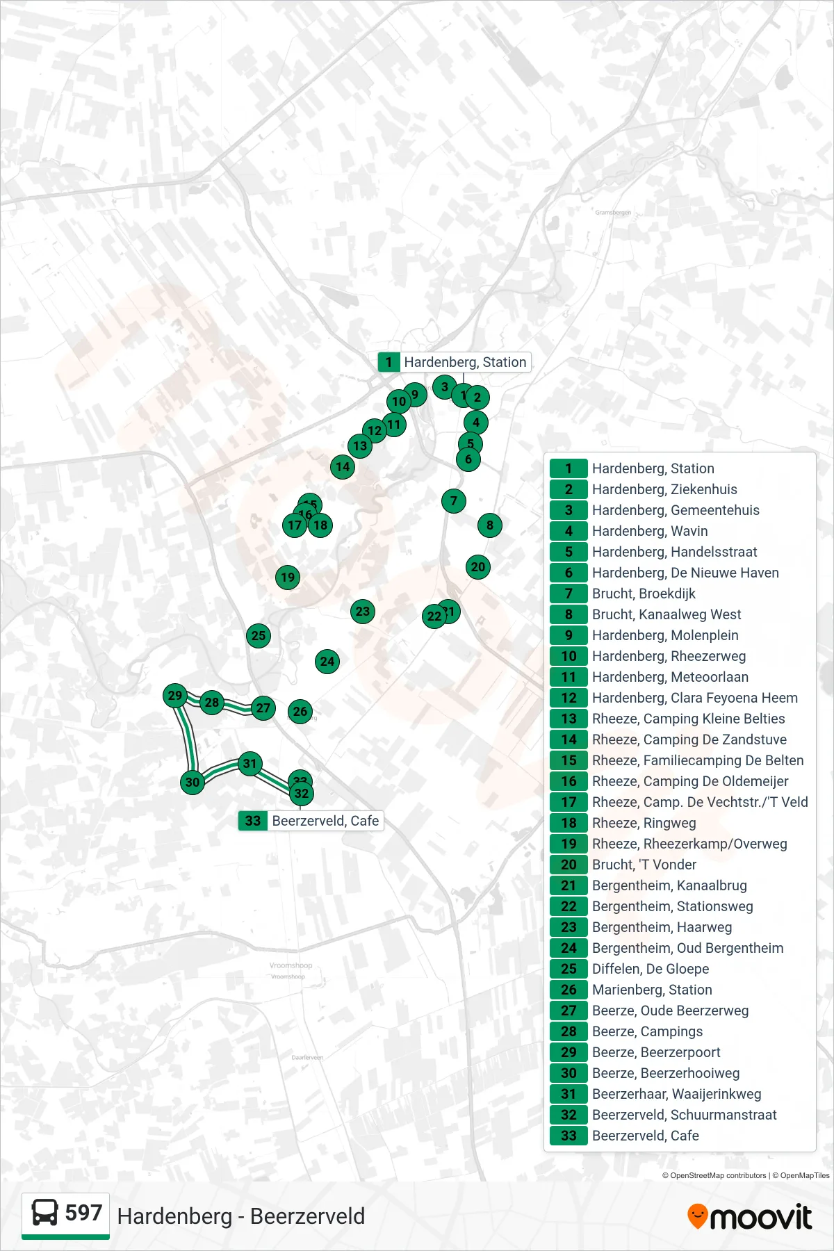 Lijn 597 (bus, Beerzerveld): route en haltes op de kaart