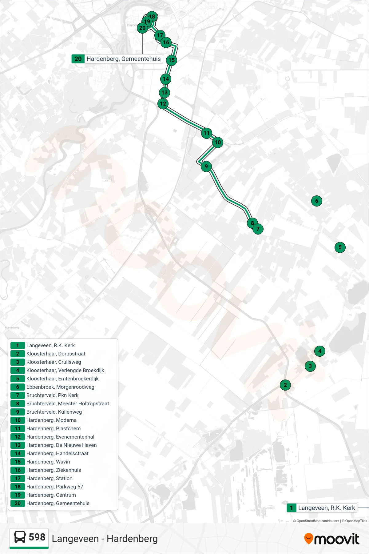 598 bus Line (Hardenberg) route and stops on a map