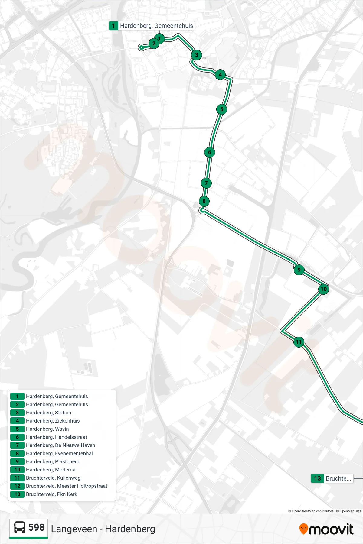 Lijn 598 (bus, Bruchterveld): route en haltes op de kaart
