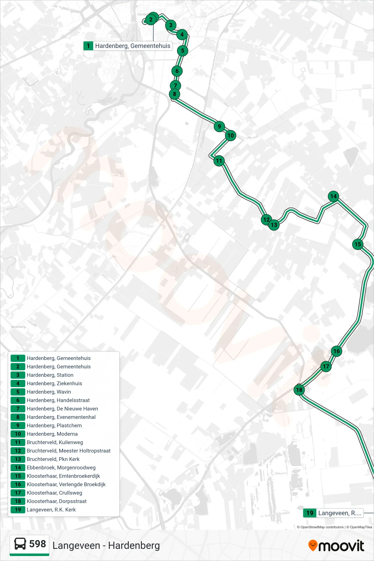 Lijn 598 (bus, Langeveen): route en haltes op de kaart