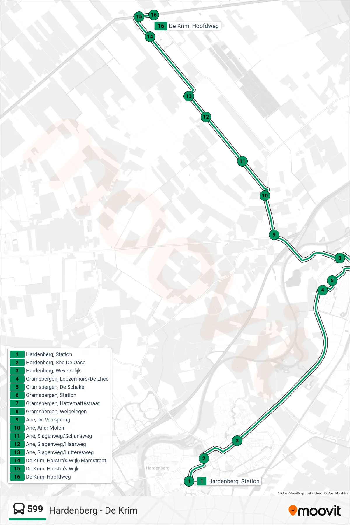 Lijn 599 (bus, De Krim): route en haltes op de kaart