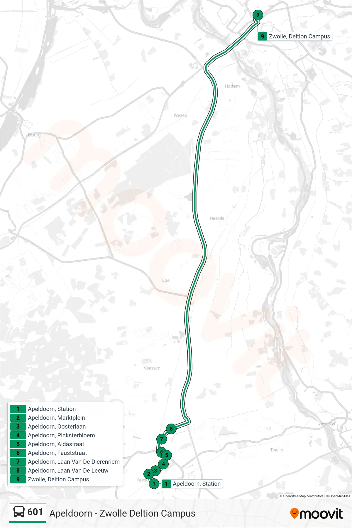 Lijn 601 (bus, Zwolle Deltion Campus): route en haltes op de kaart