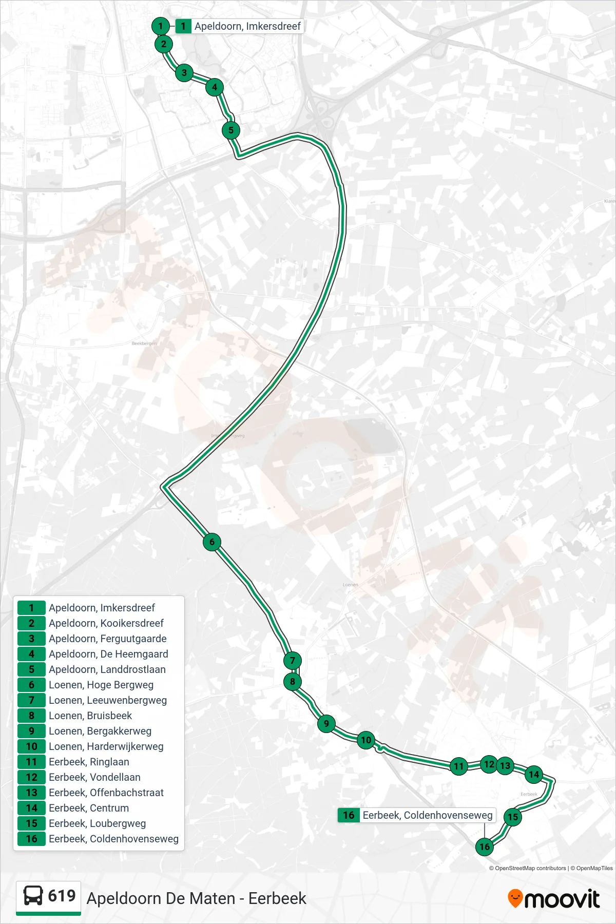 619 bus Line (Eerbeek) route and stops on a map
