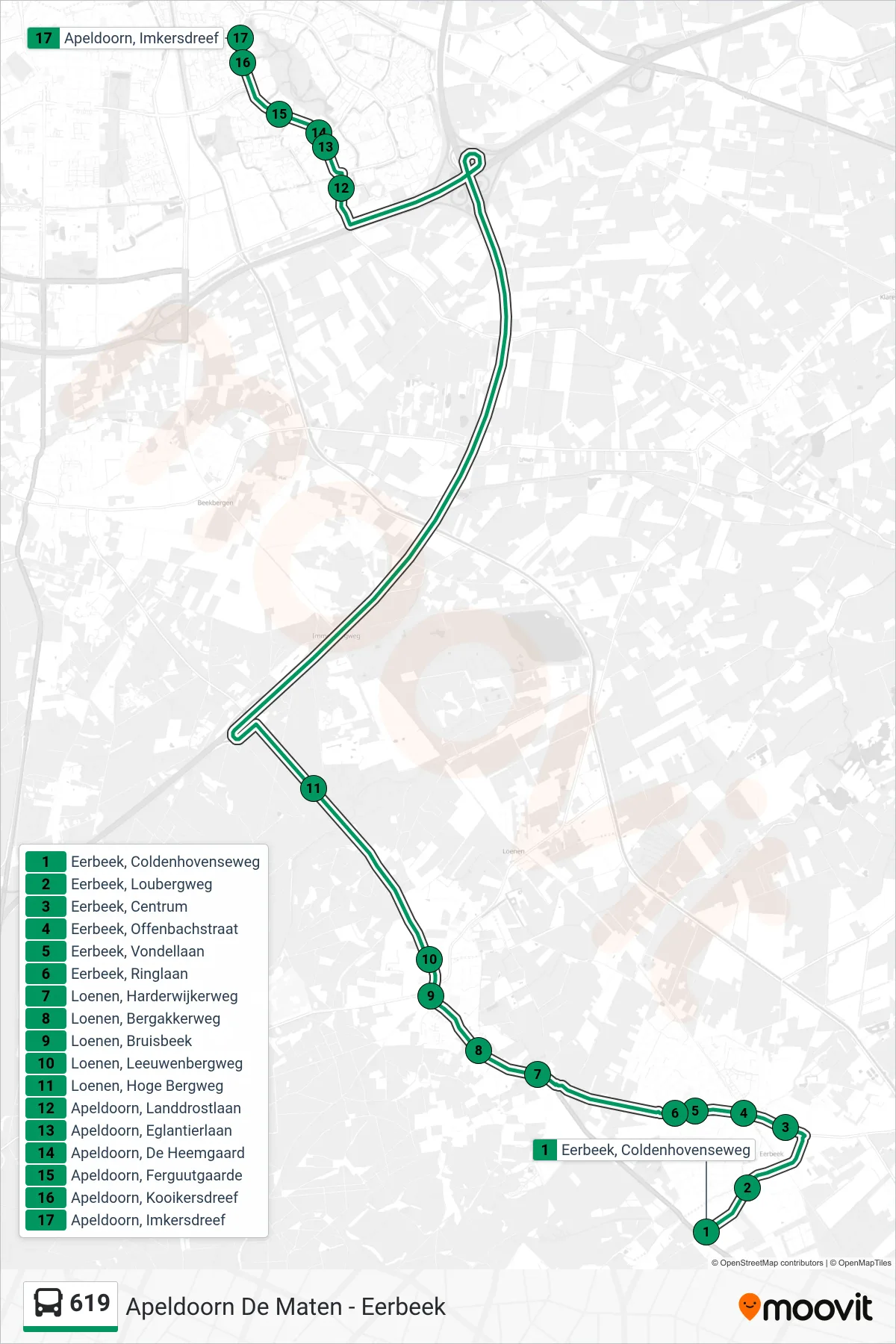 Lijn 619 (bus, Apeldoorn De Maten): route en haltes op de kaart