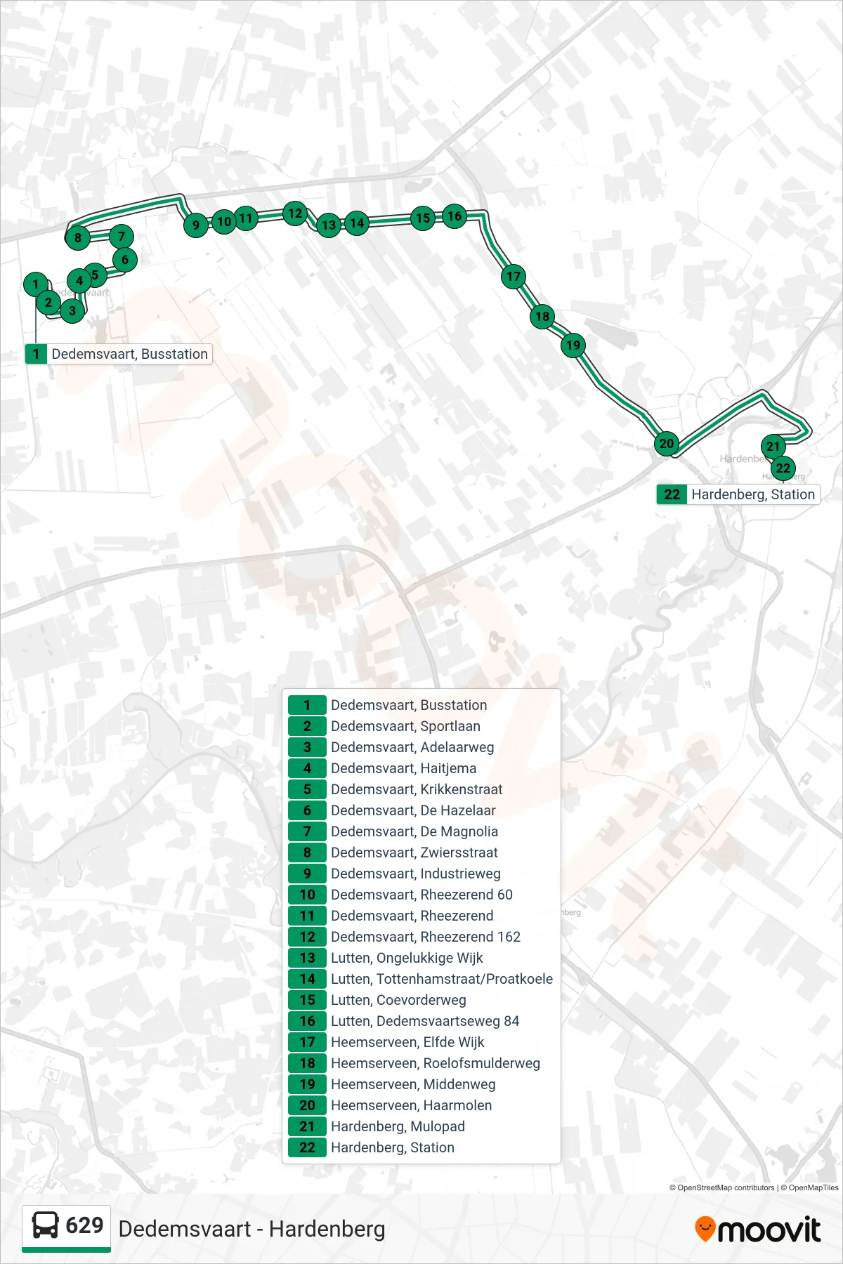 Lijn 629 (bus, Hardenberg): route en haltes op de kaart
