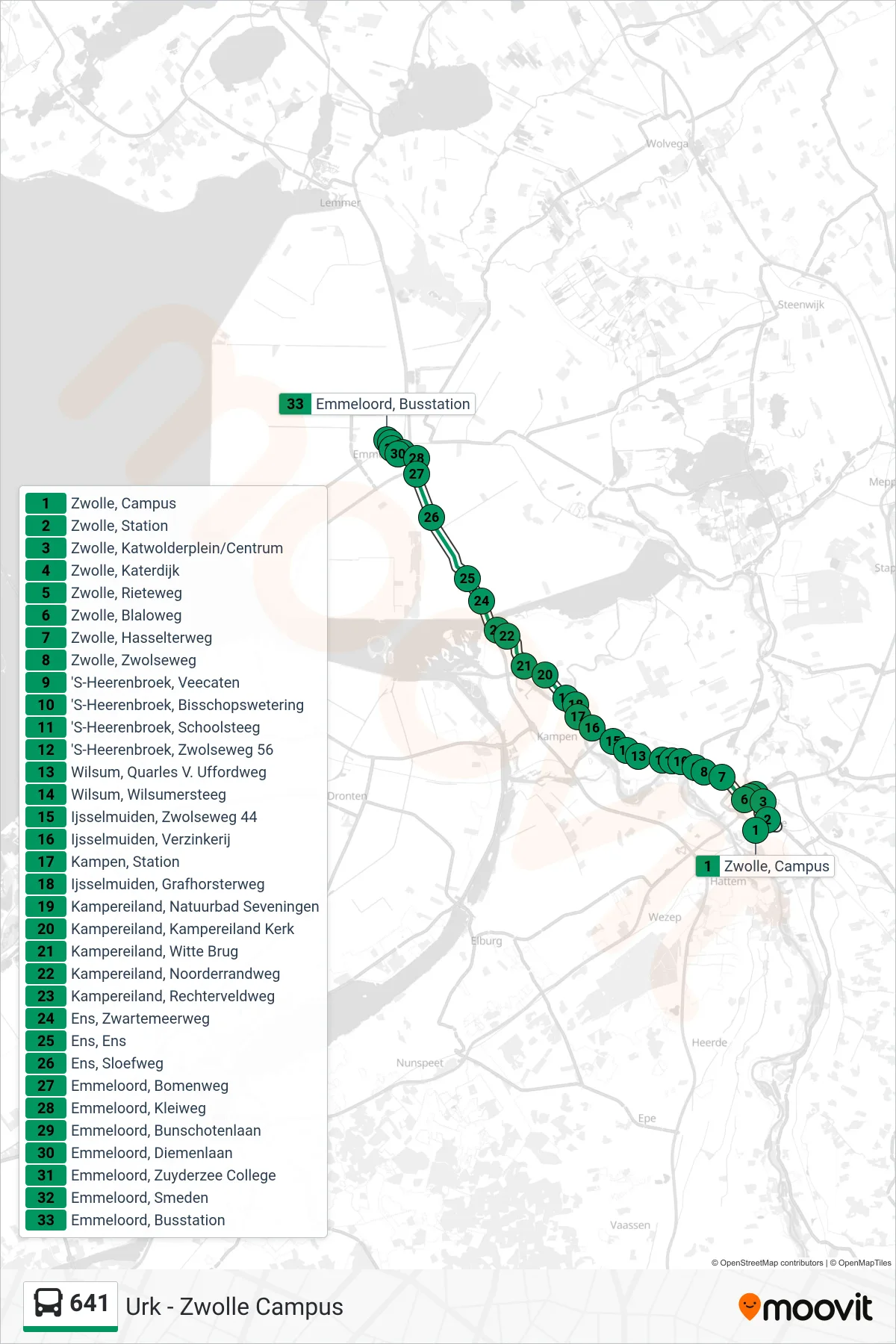 641 bus Line (Emmeloord) route and stops on a map