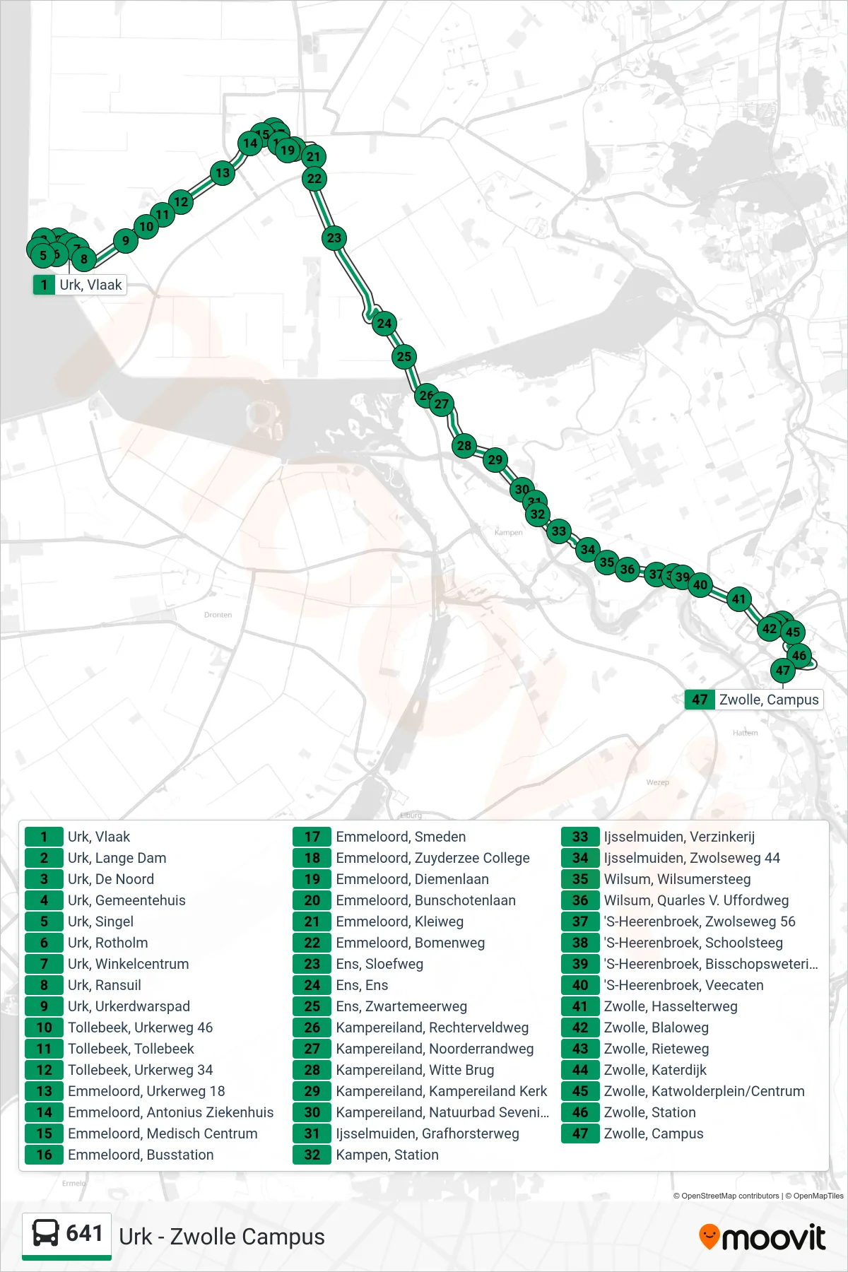 641 bus Line (Zwolle Campus) route and stops on a map