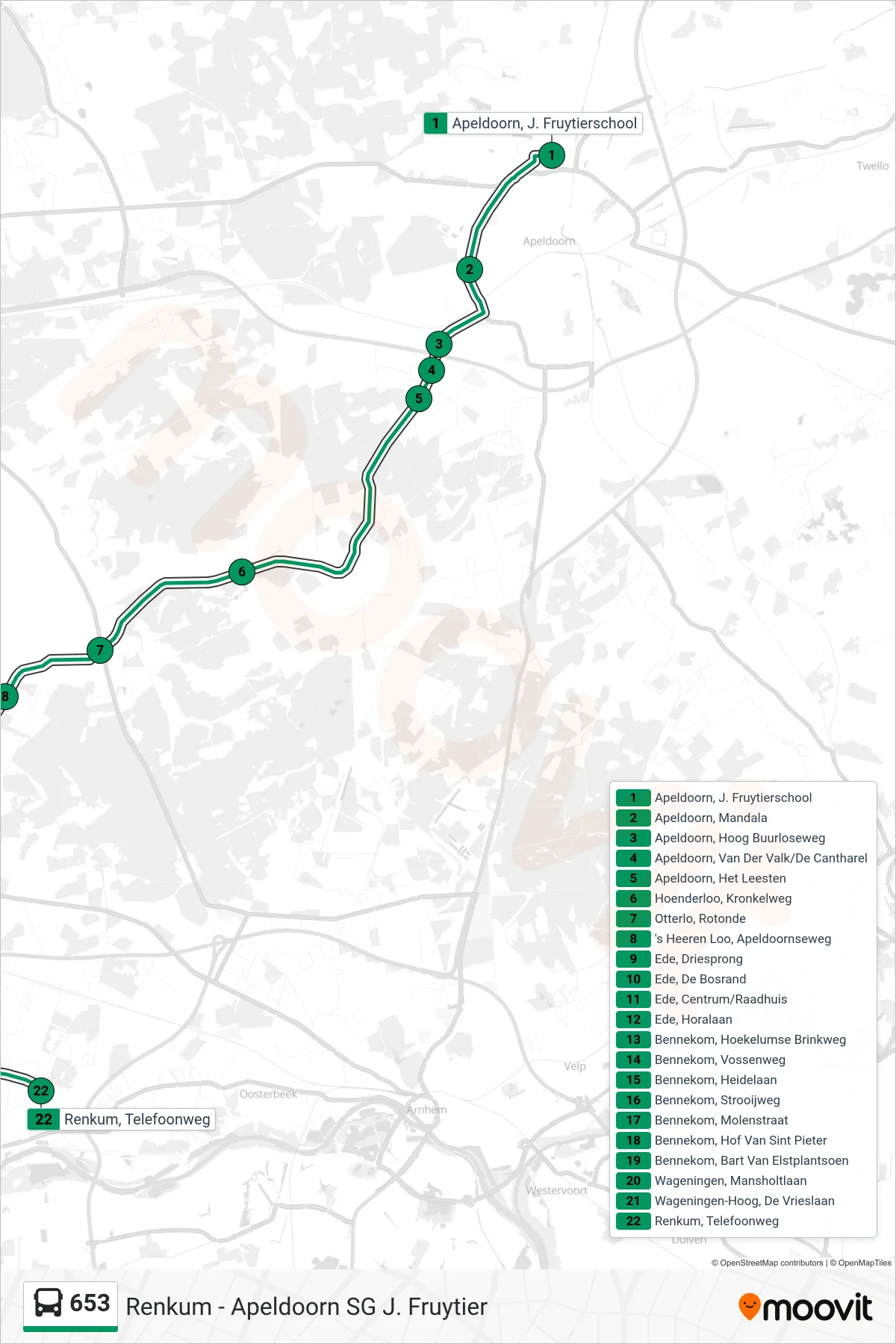 Lijn 653 (bus, Renkum): route en haltes op de kaart