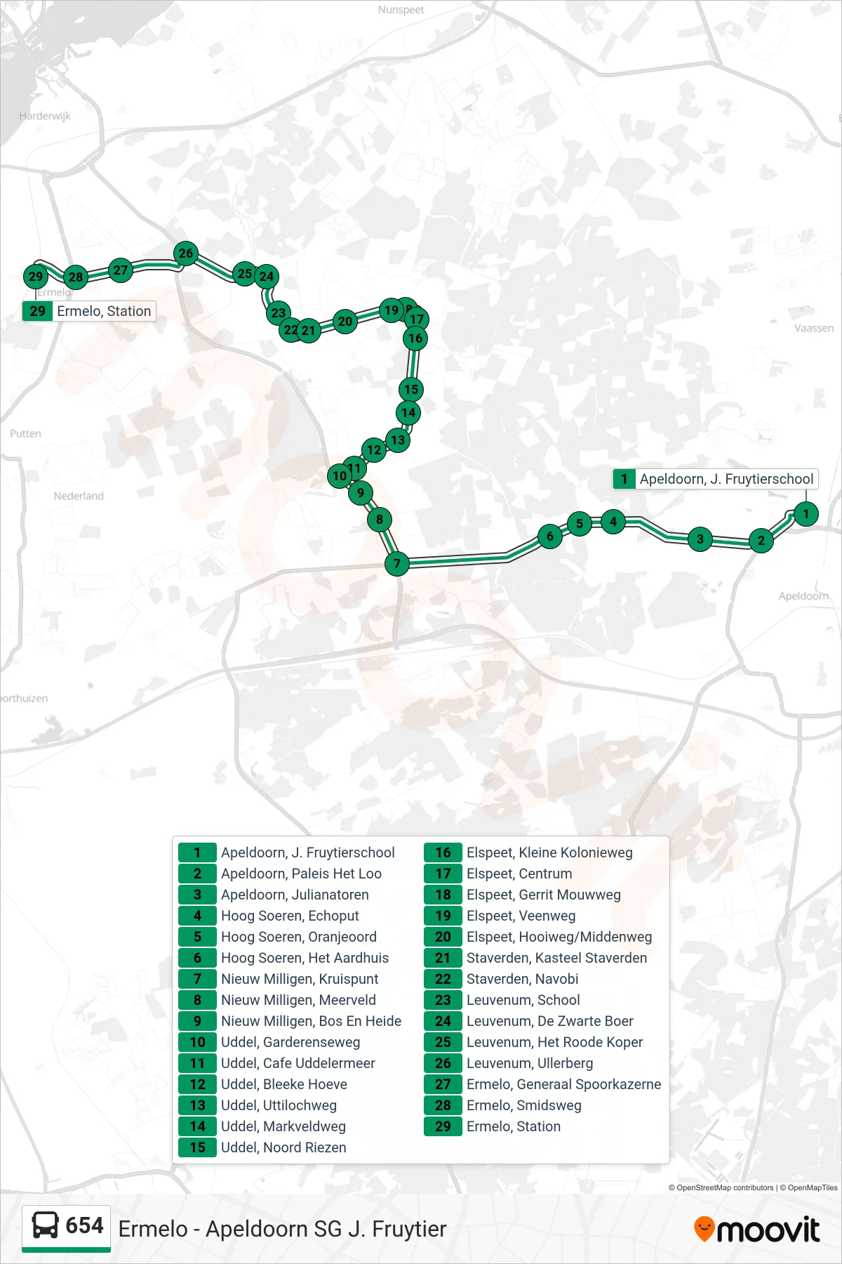 Lijn 654 (bus, Ermelo): route en haltes op de kaart