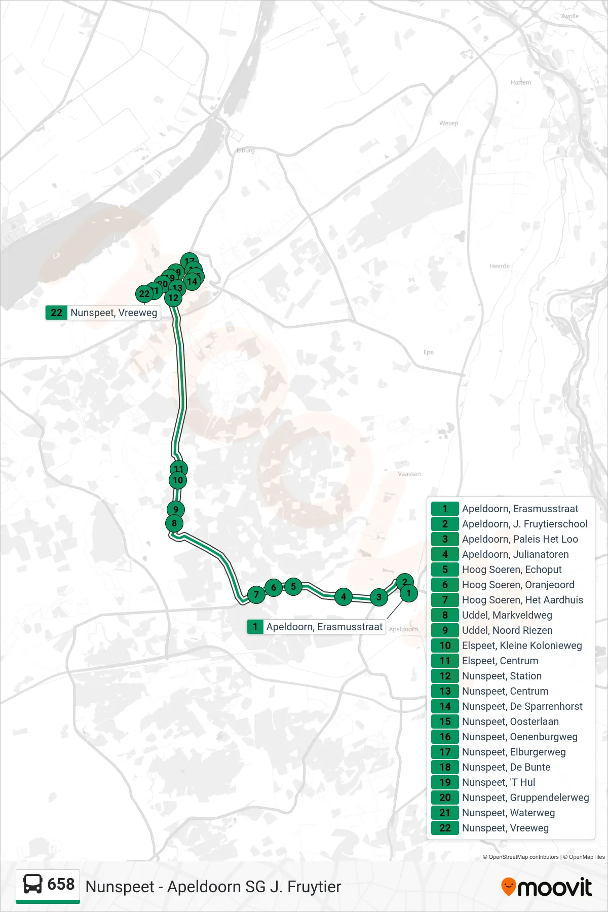 Lijn 658 (bus, Nunspeet): route en haltes op de kaart