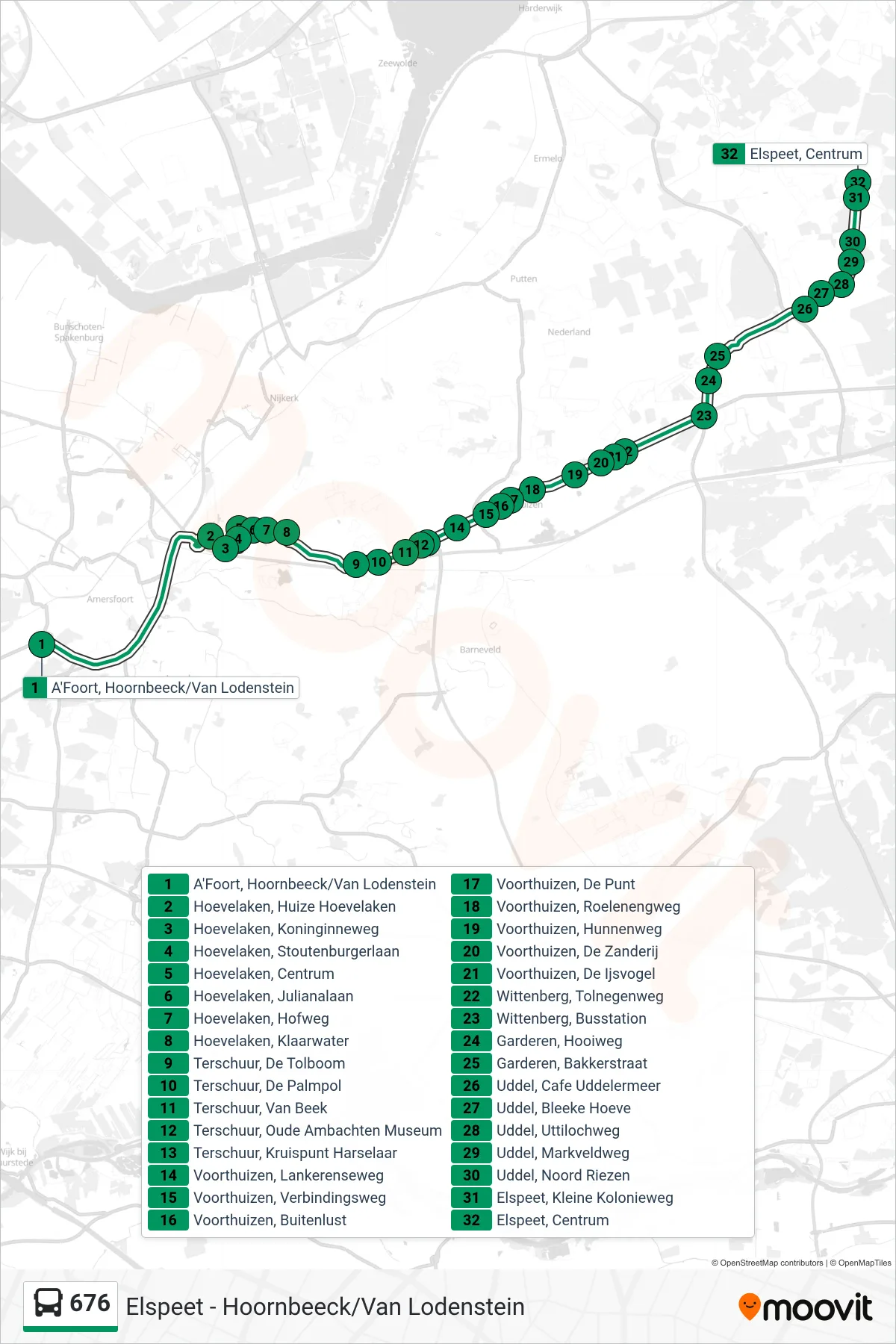 676 bus Line (Elspeet) route and stops on a map