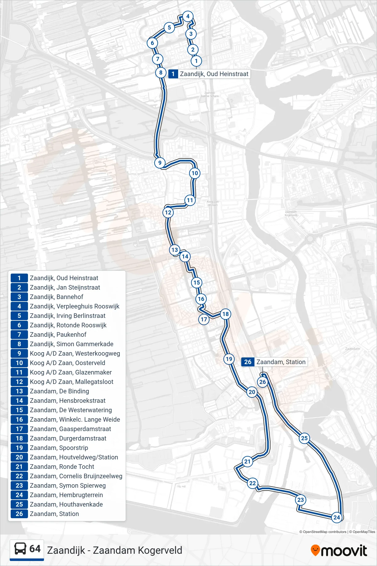 Lijn 64 (bus, Zaandam Station): route en haltes op de kaart