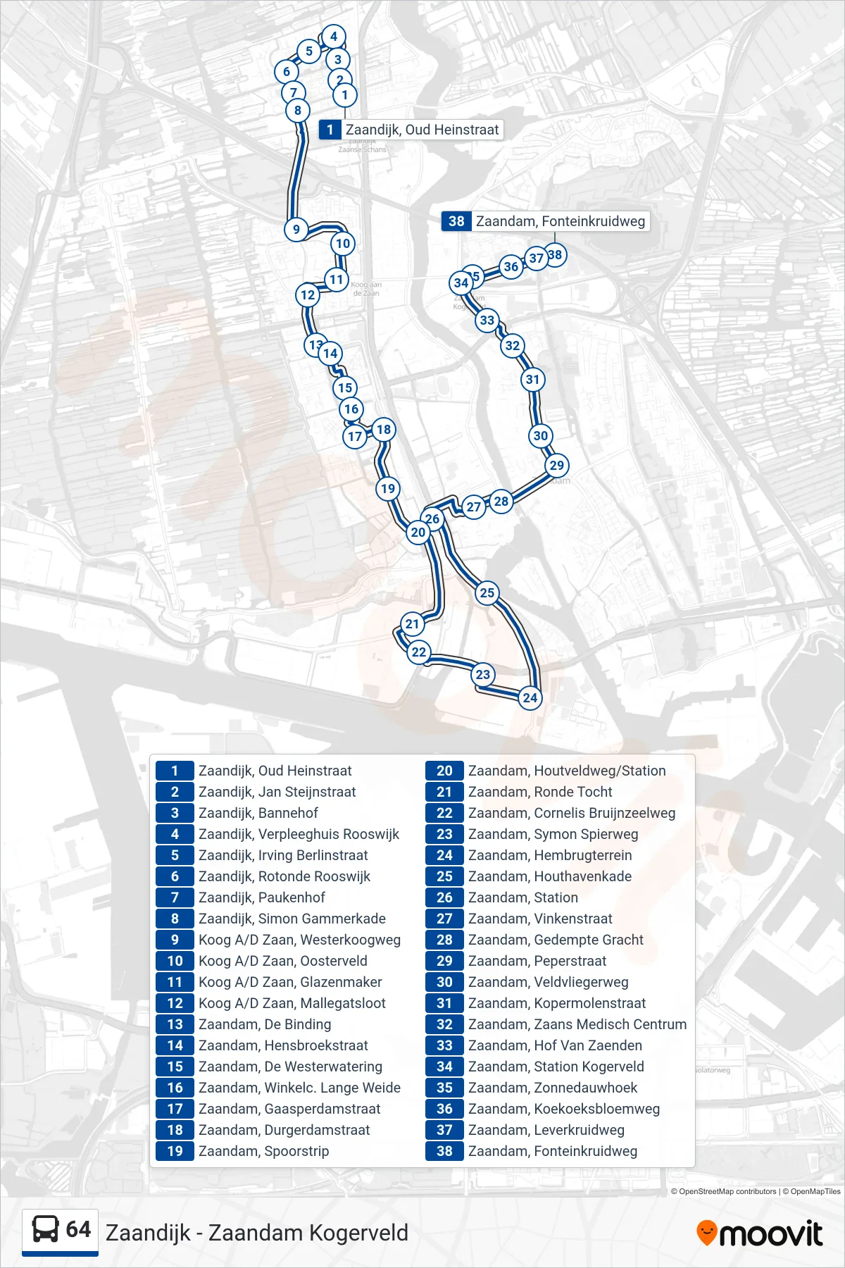 64 bus Line (Zaandam) route and stops on a map
