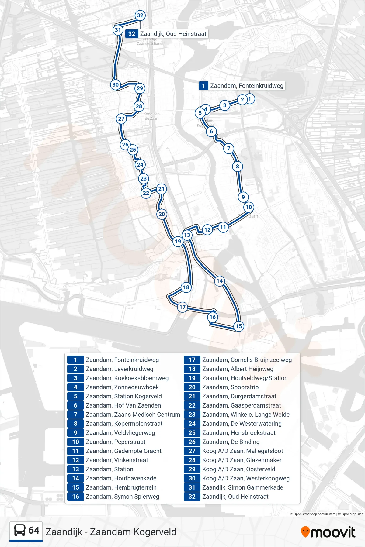 Lijn 64 (bus, Zaandijk Rooswijk): route en haltes op de kaart