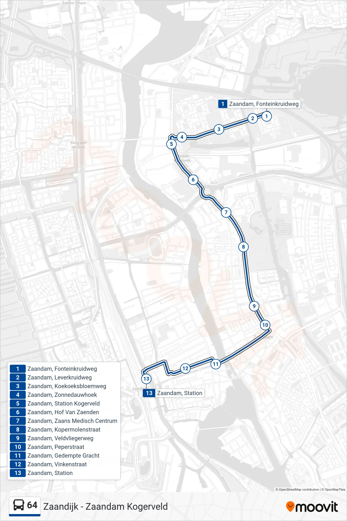 Lijn 64 (bus, Zaandam Station): route en haltes op de kaart