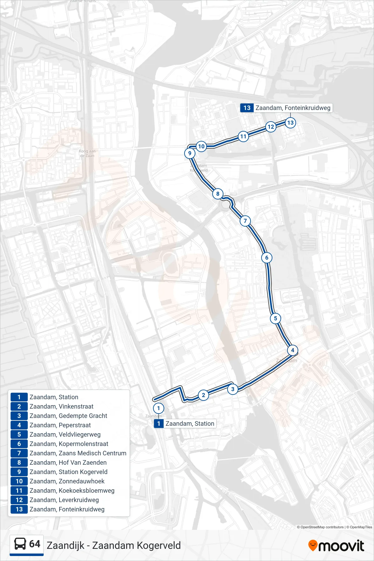 Lijn 64 (bus, Zaandam Kogerveld): route en haltes op de kaart