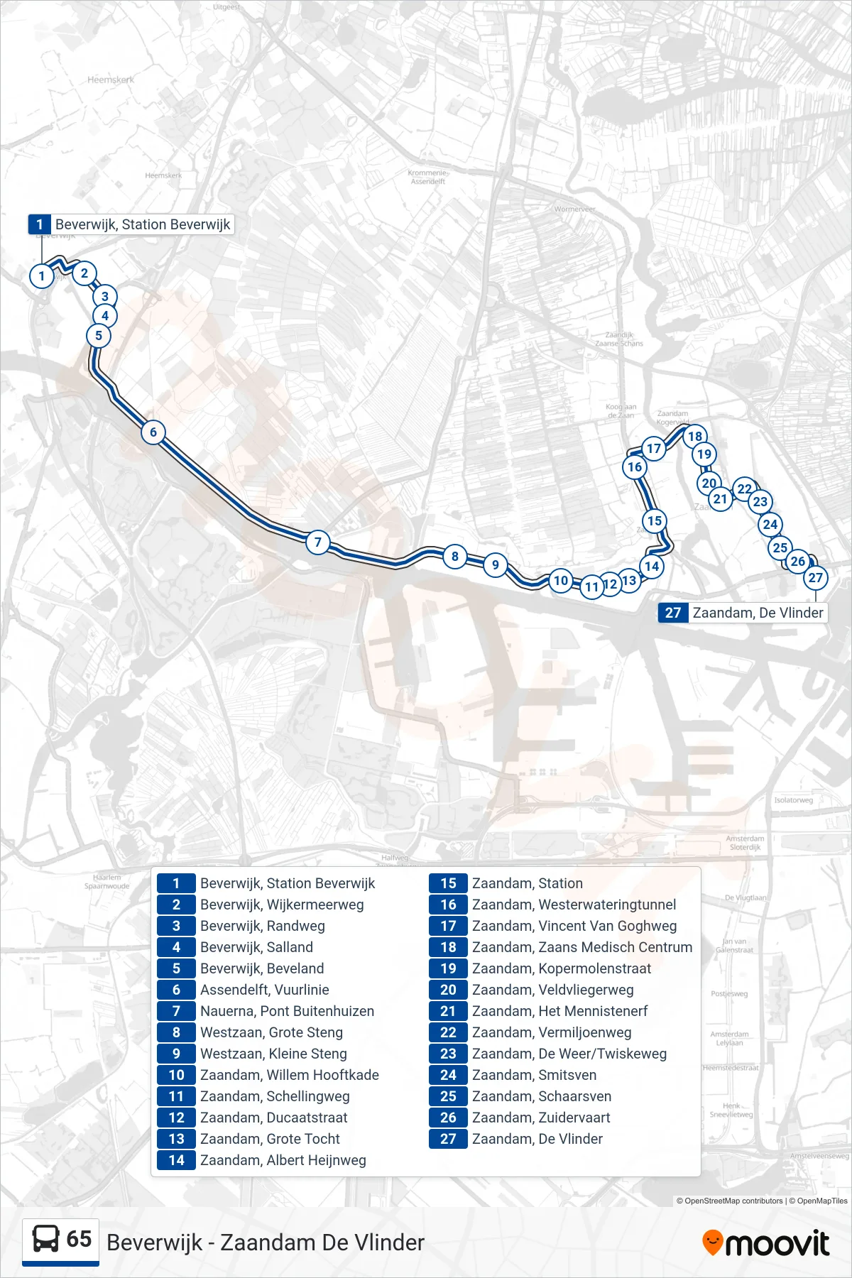 Lijn 65 (bus, Zaandam): route en haltes op de kaart
