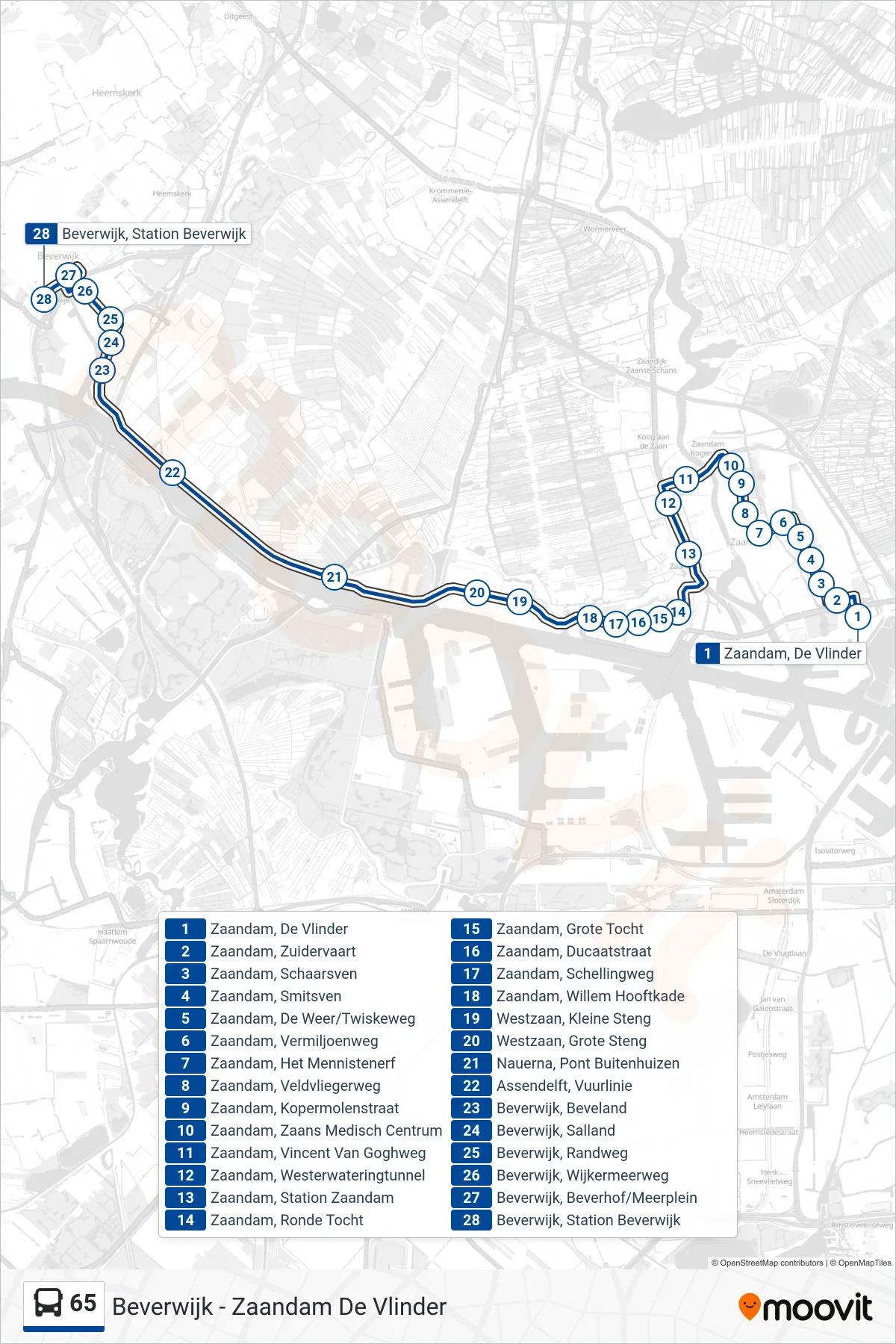 Lijn 65 (bus, Beverwijk): route en haltes op de kaart