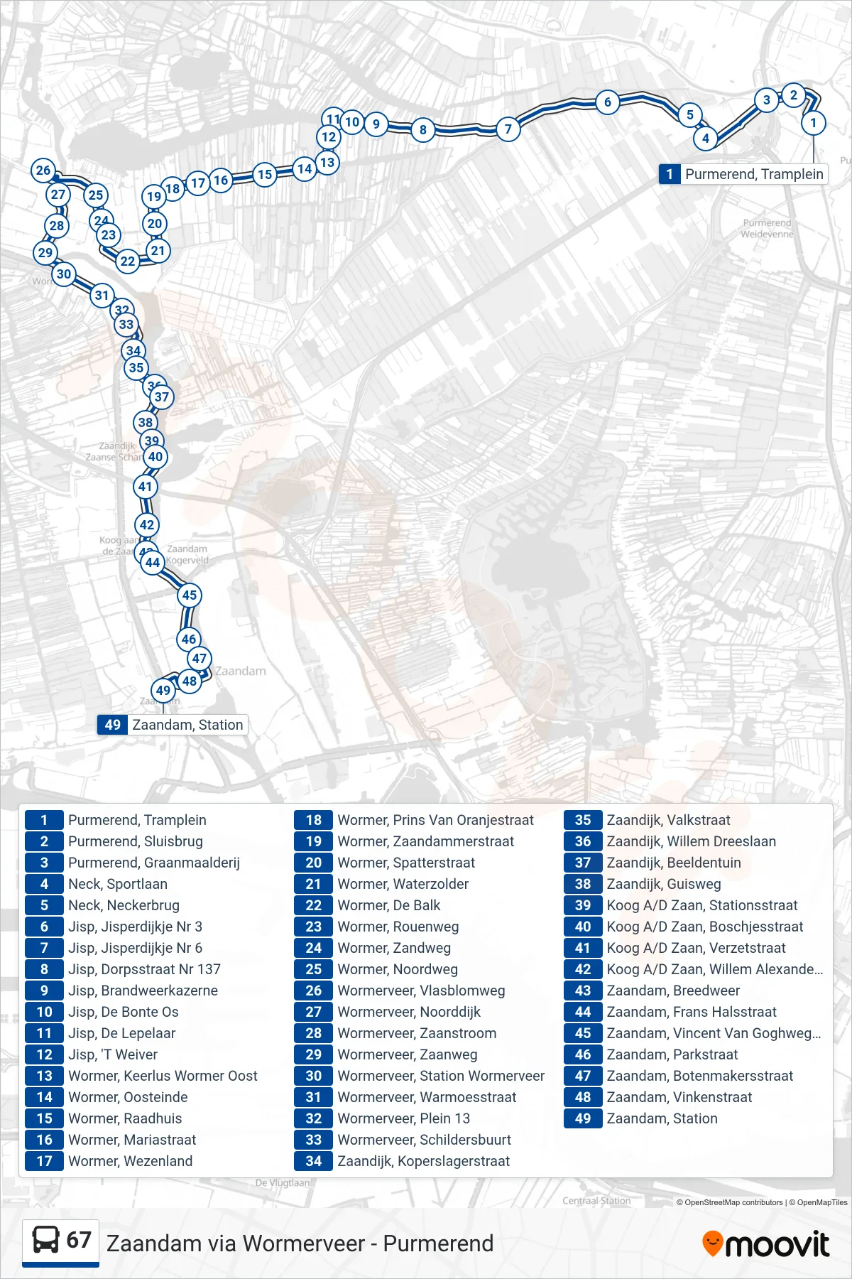 Lijn 67 (bus, Zaandam): route en haltes op de kaart