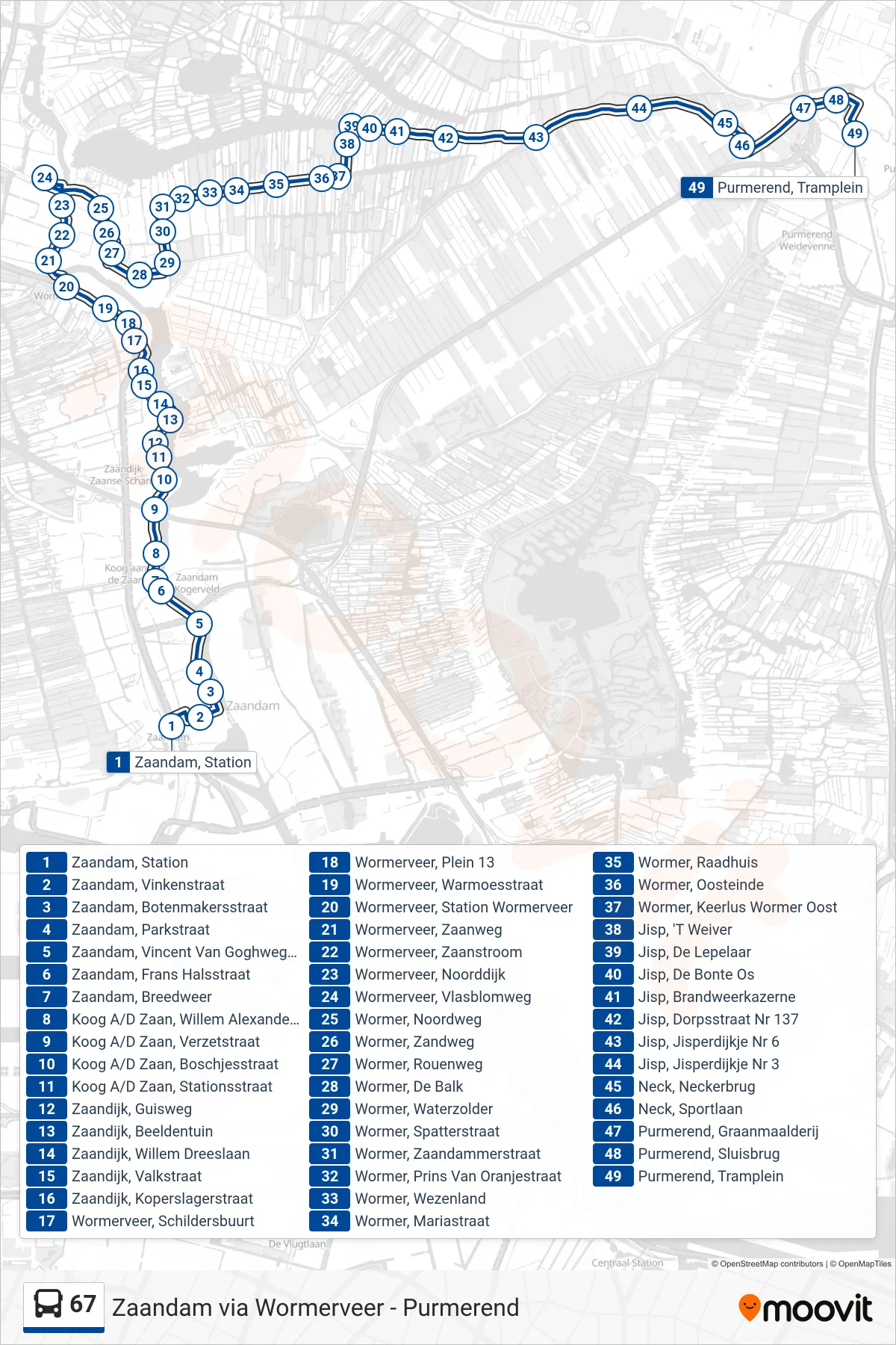 Lijn 67 (bus, Purmerend Via Wormerveer): route en haltes op de kaart