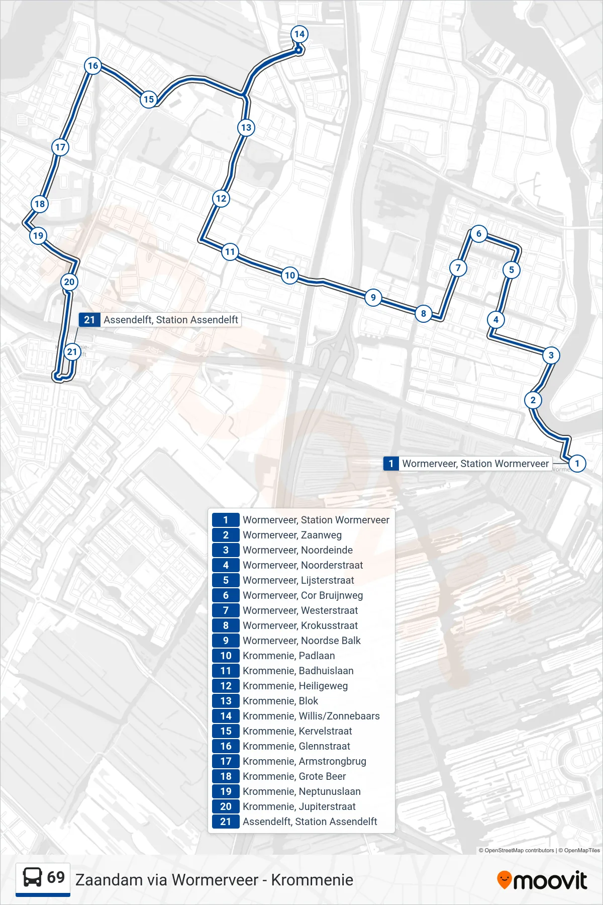69 bus Line (Krommenie Station) route and stops on a map