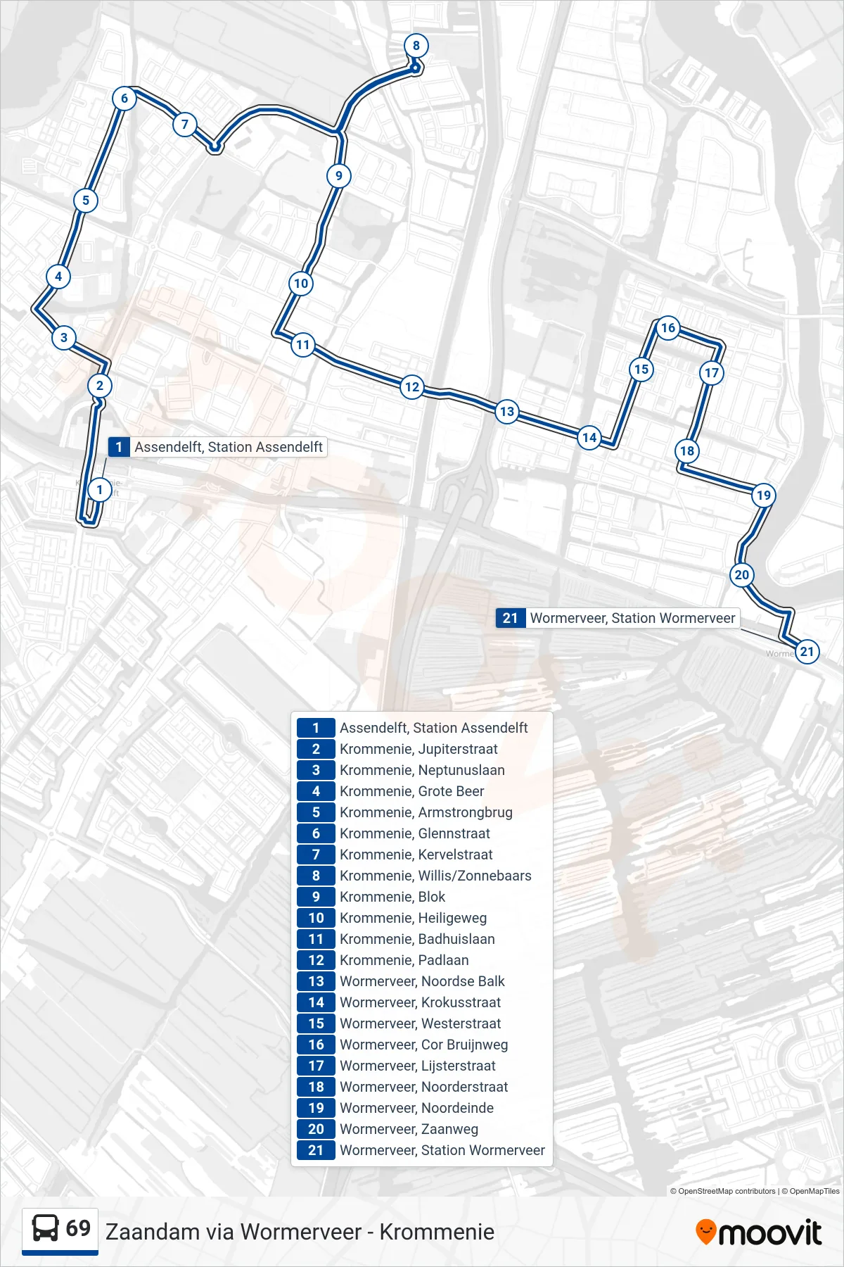 Lijn 69 (bus, Wormerveer Station): route en haltes op de kaart