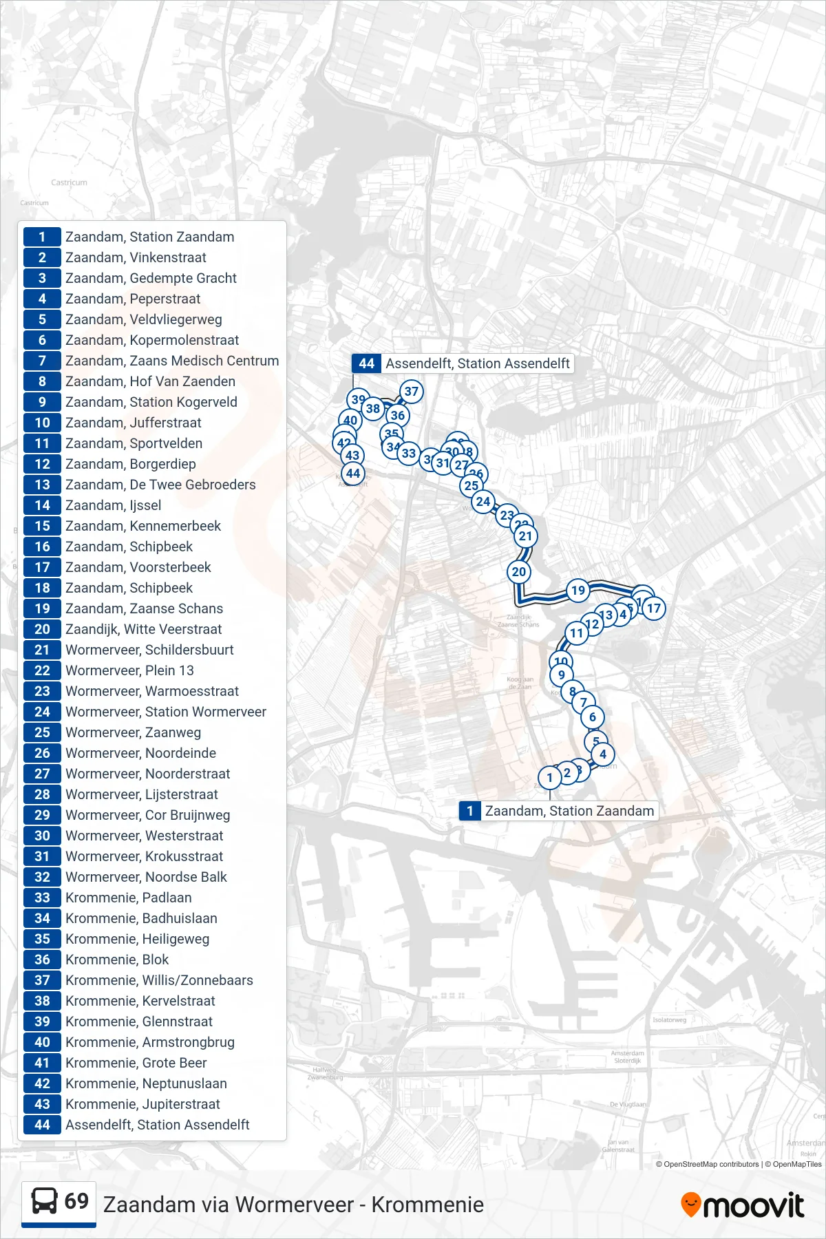 Lijn 69 (bus, Krommenie): route en haltes op de kaart