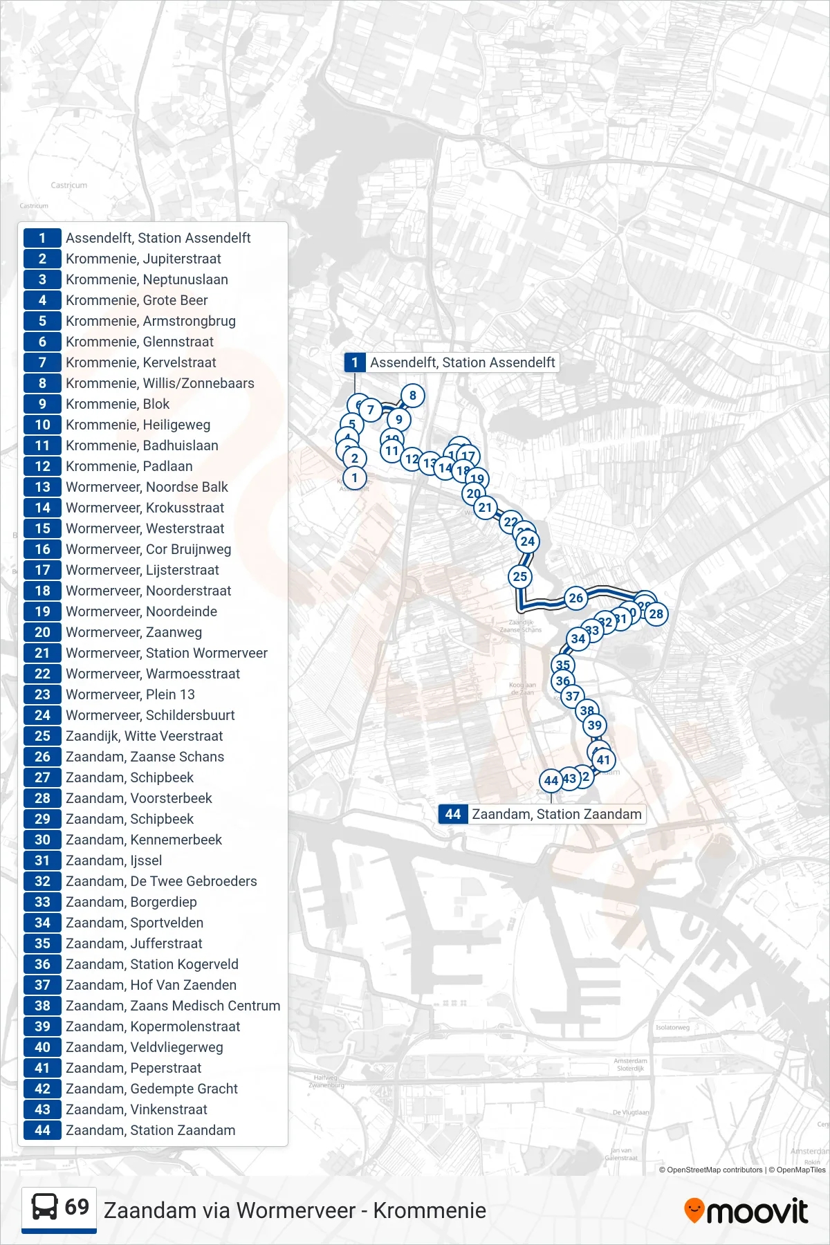69 bus Line (Zaandam) route and stops on a map