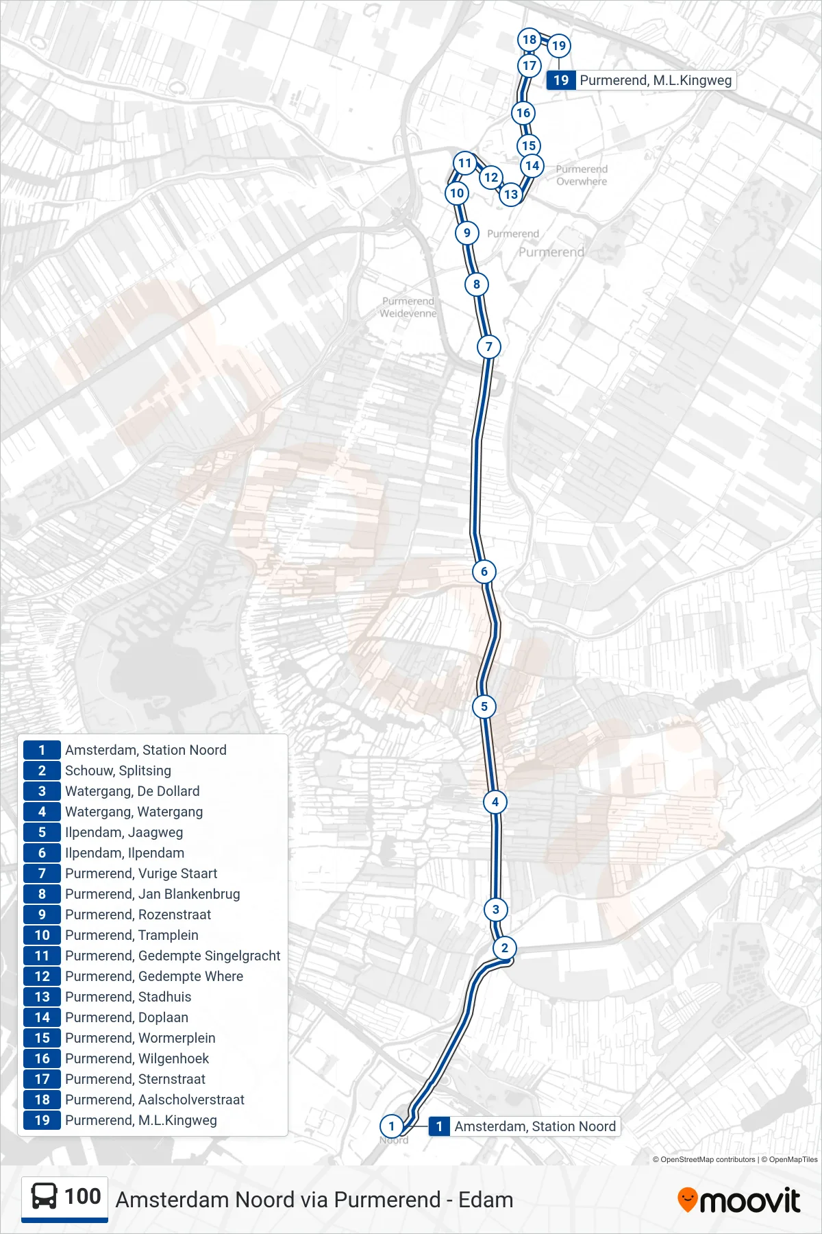 Lijn 100 (bus, Purmerend Overwhere): route en haltes op de kaart