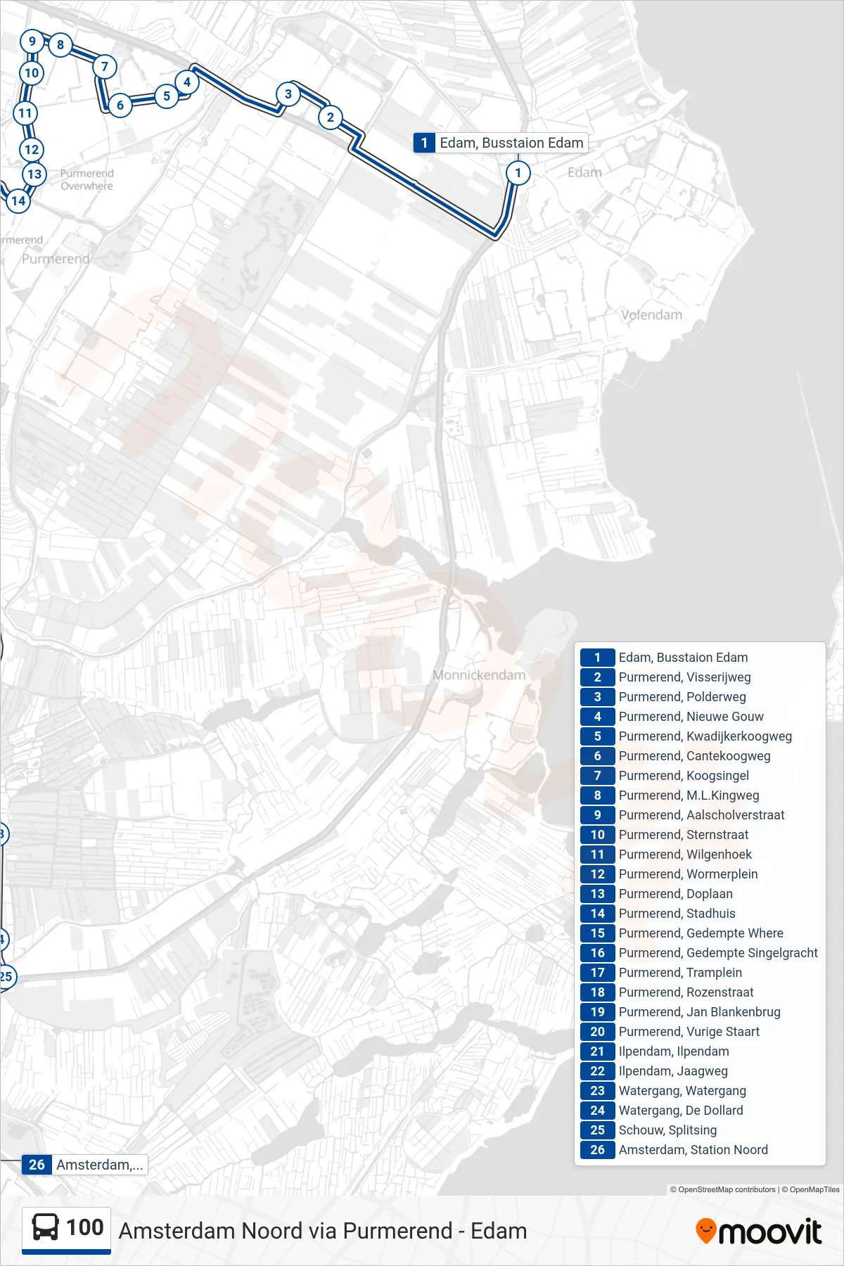 Lijn 100 (bus, Purmerend): route en haltes op de kaart