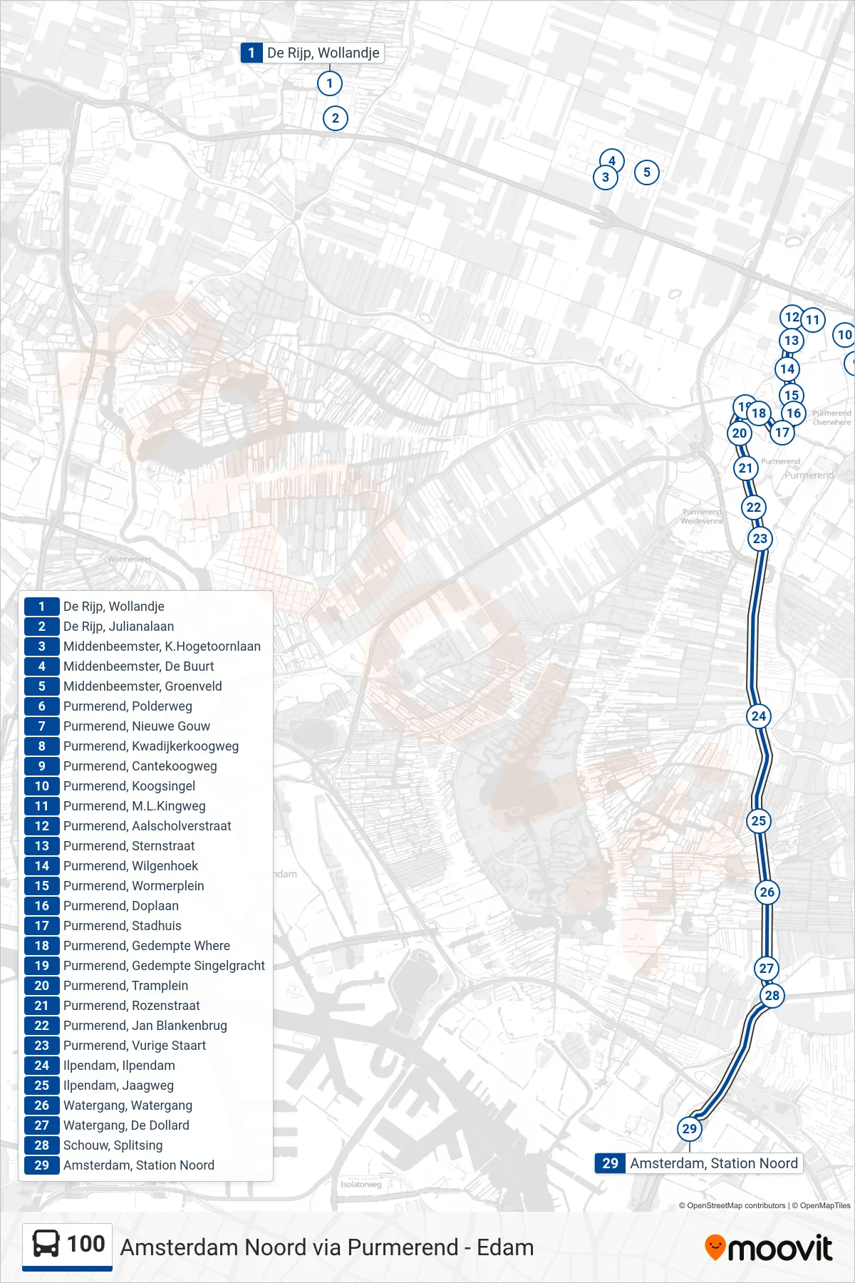 Lijn 100 (bus, Amsterdam Noord): route en haltes op de kaart