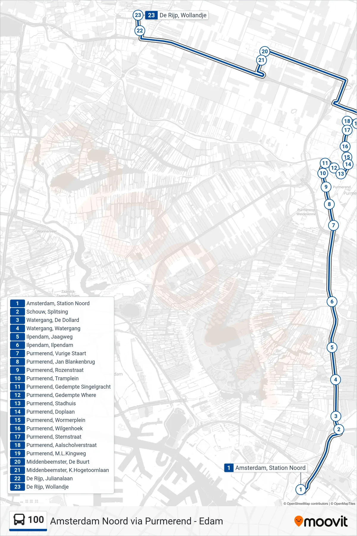 Lijn 100 (bus, De Rijp): route en haltes op de kaart