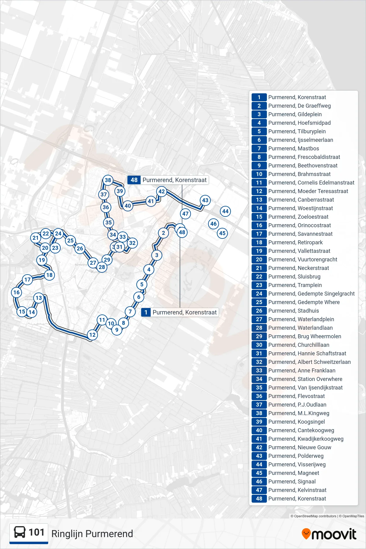 Lijn 101 (bus, Ringlijn Purmerend): route en haltes op de kaart