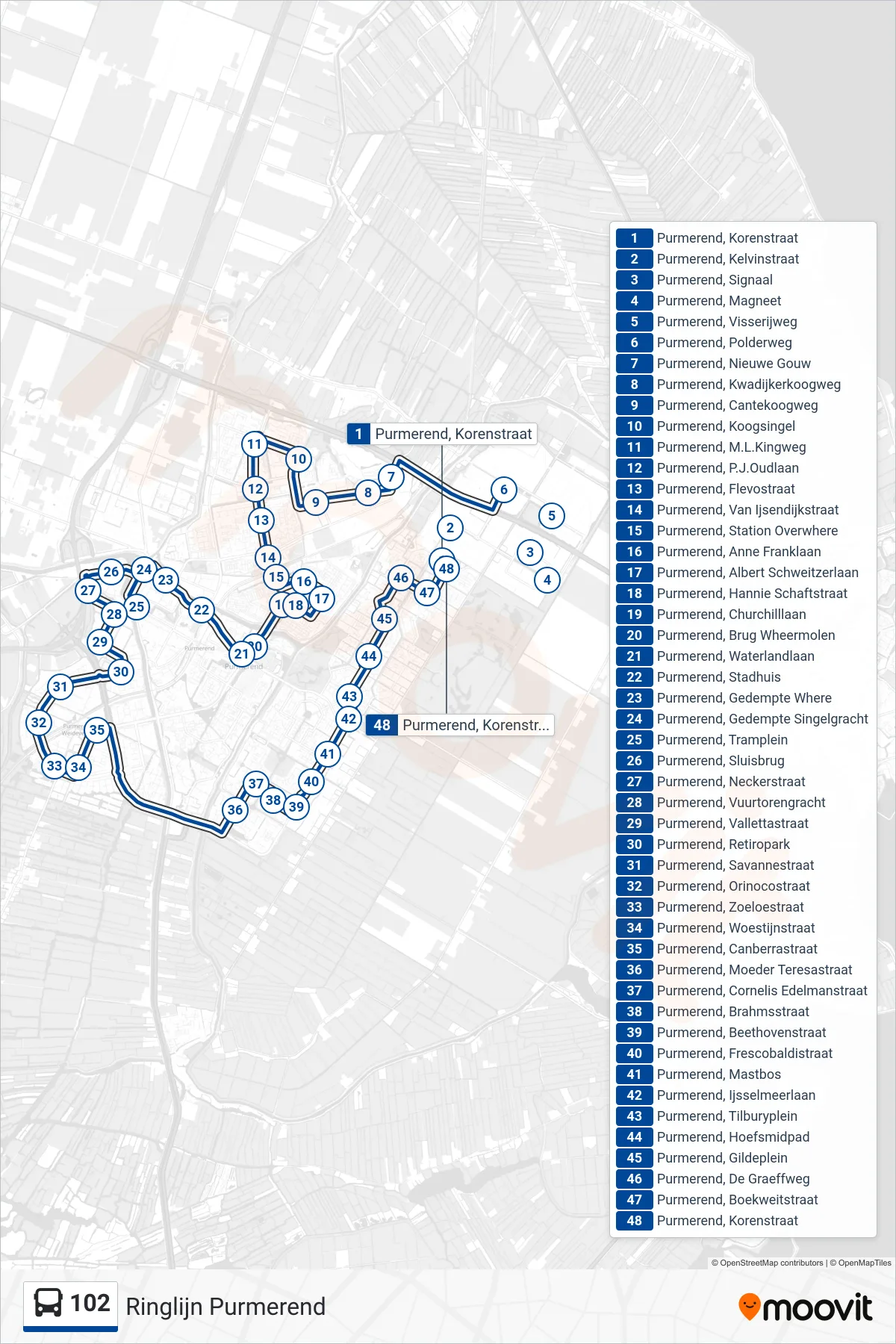Lijn 102 (bus, Ringlijn Purmerend): route en haltes op de kaart