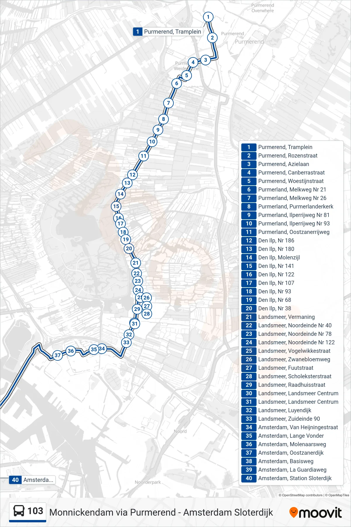 Lijn 103 (bus, Amsterdam Sloterdijk): route en haltes op de kaart
