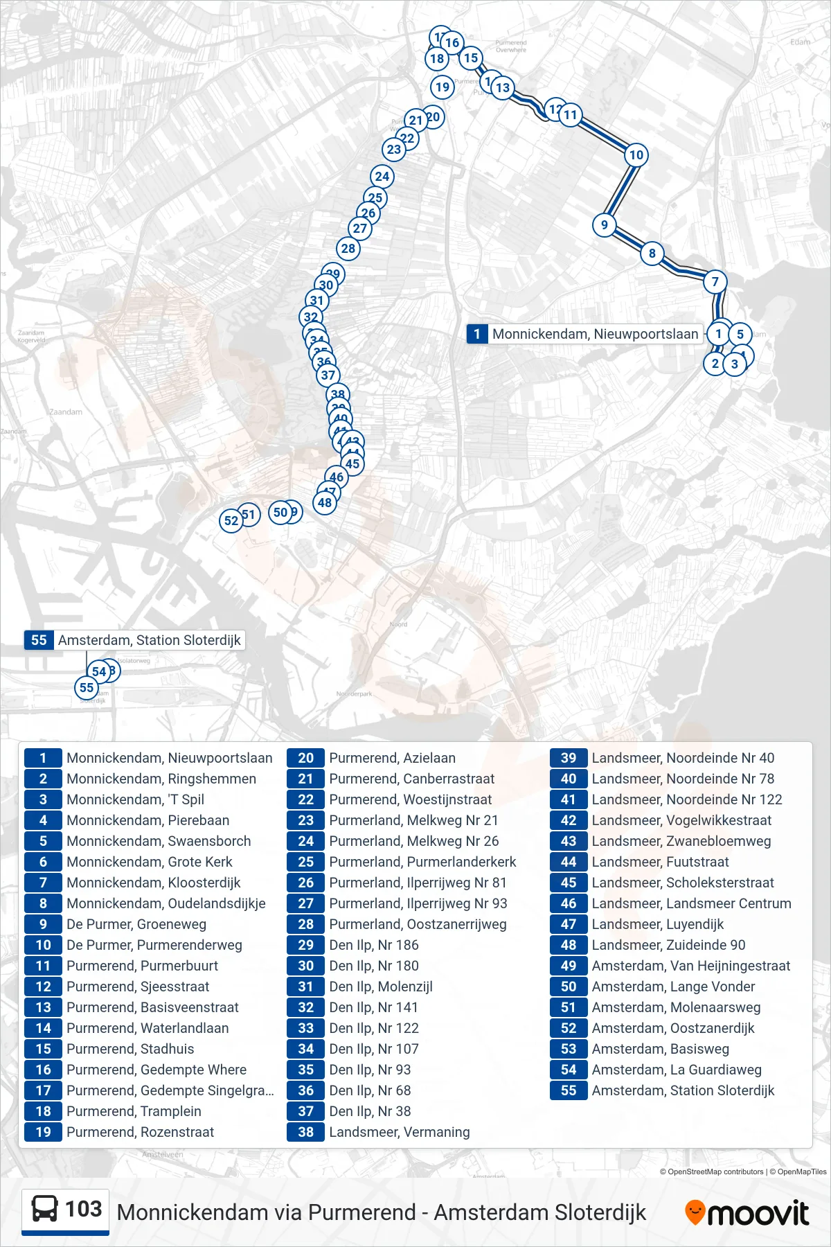 Lijn 103 (bus, Purmerend): route en haltes op de kaart
