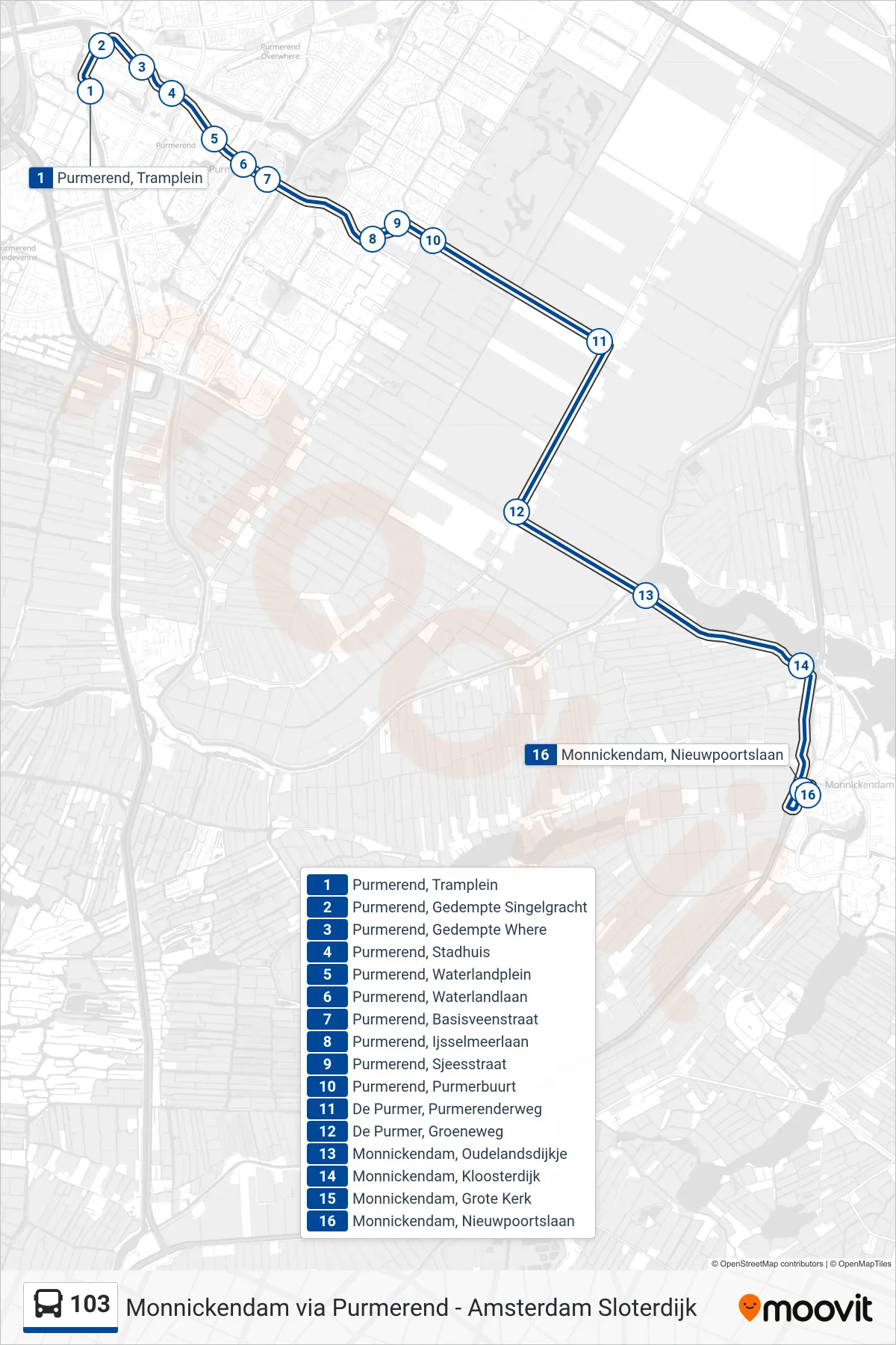 Lijn 103 (bus, Monnickendam): route en haltes op de kaart