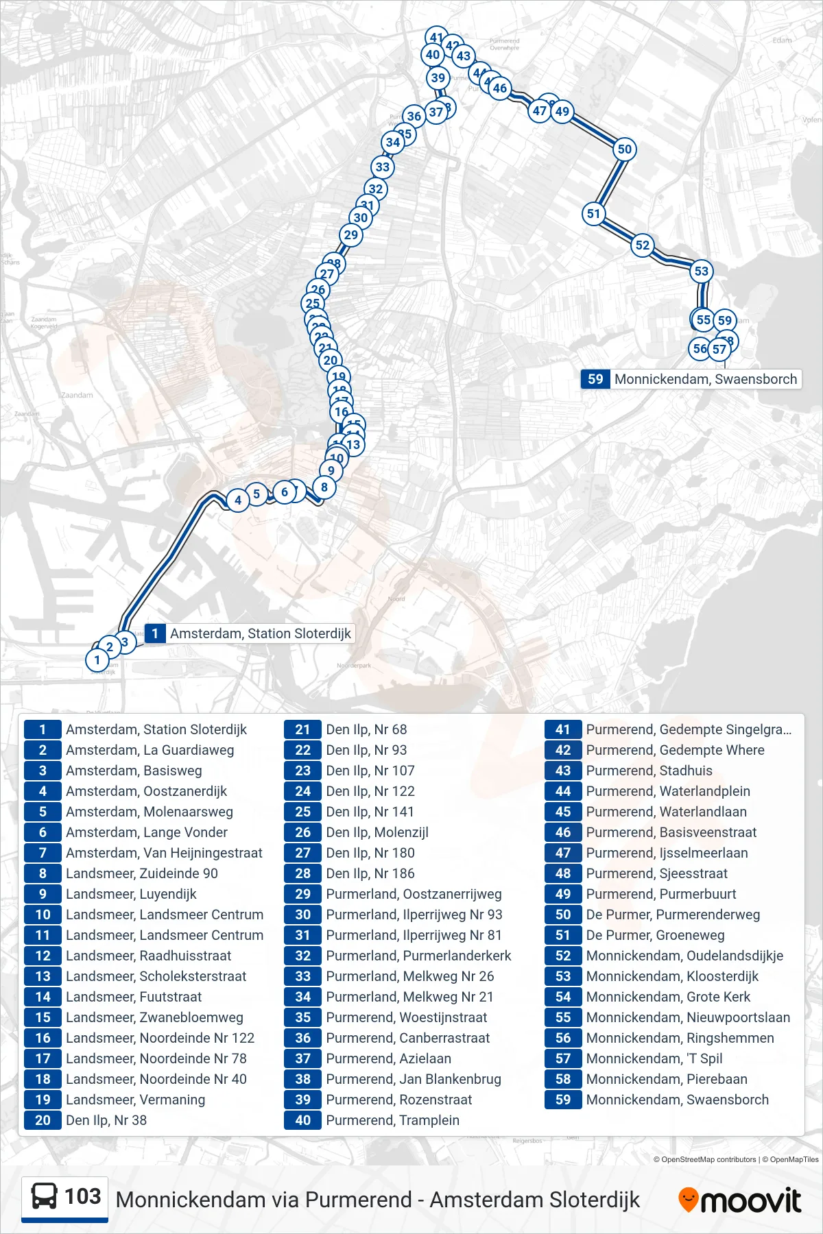 103 bus Line (Purmerend) route and stops on a map