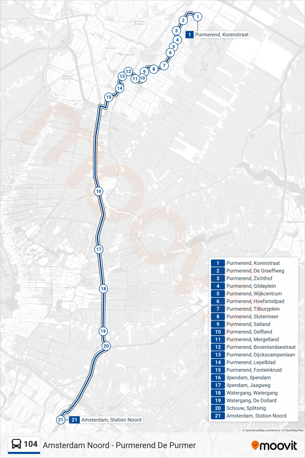 Lijn 104 (bus, Amsterdam Noord): route en haltes op de kaart