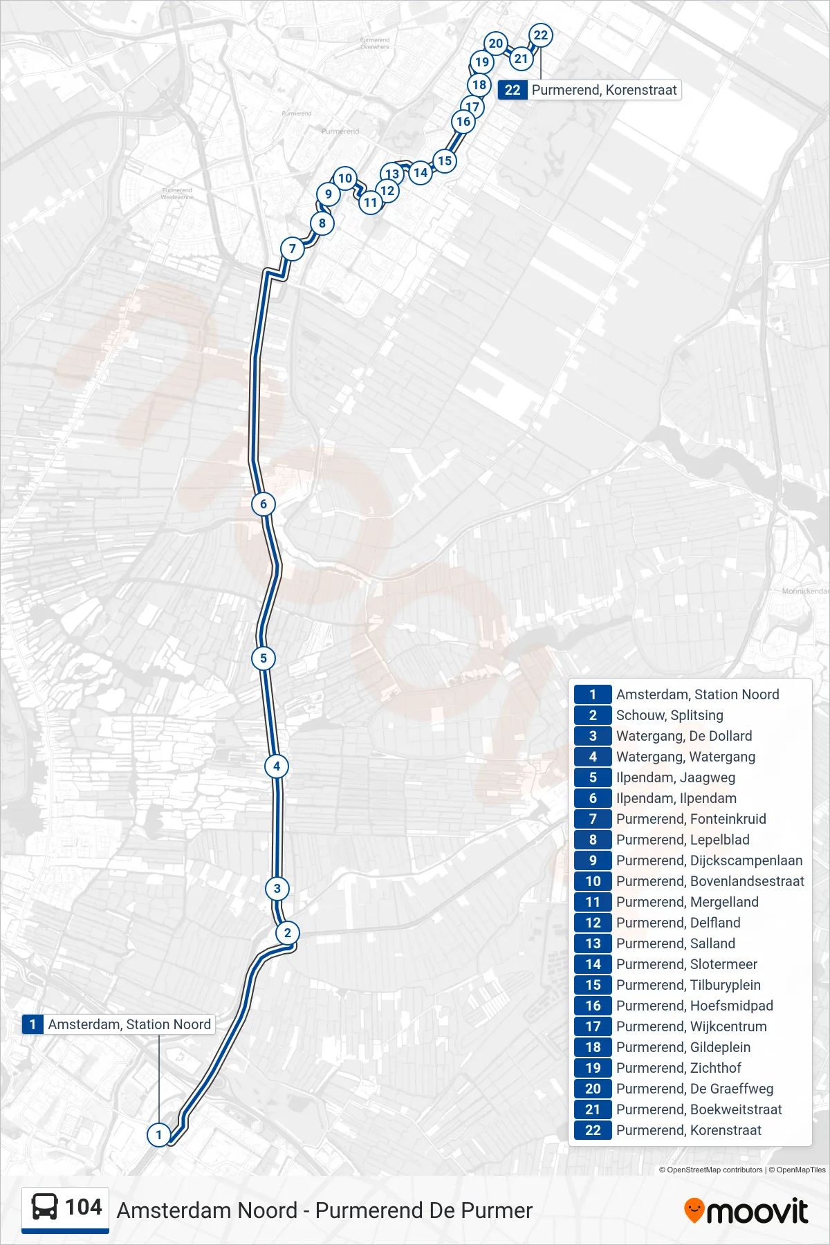 Lijn 104 (bus, Purmerend De Purmer): route en haltes op de kaart