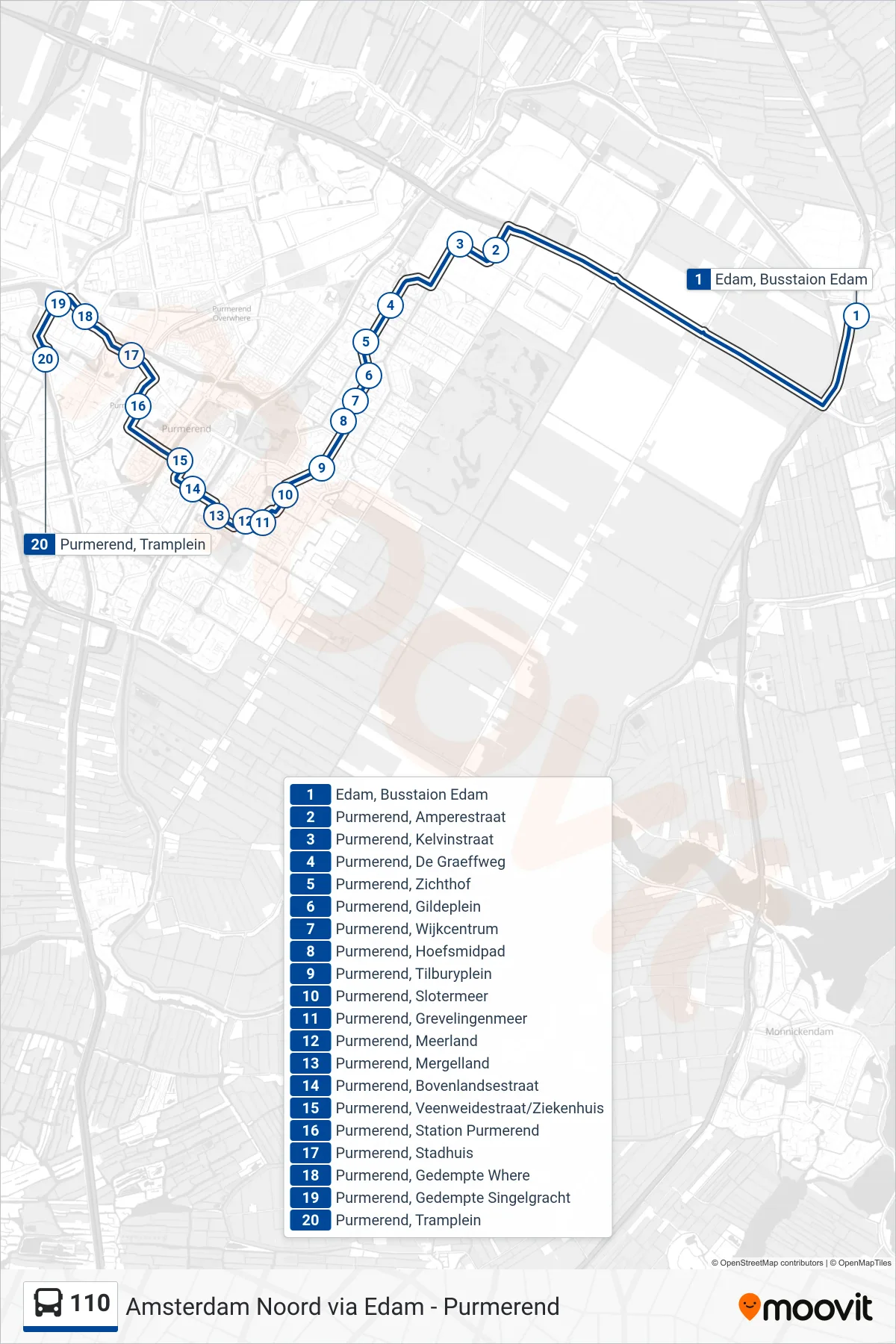 Lijn 110 (bus, Purmerend): route en haltes op de kaart
