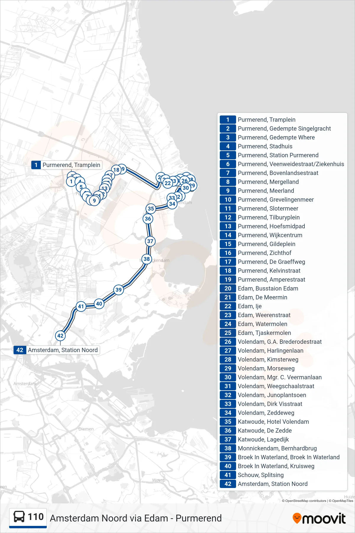 Lijn 110 (bus, Edam-Volendam): route en haltes op de kaart