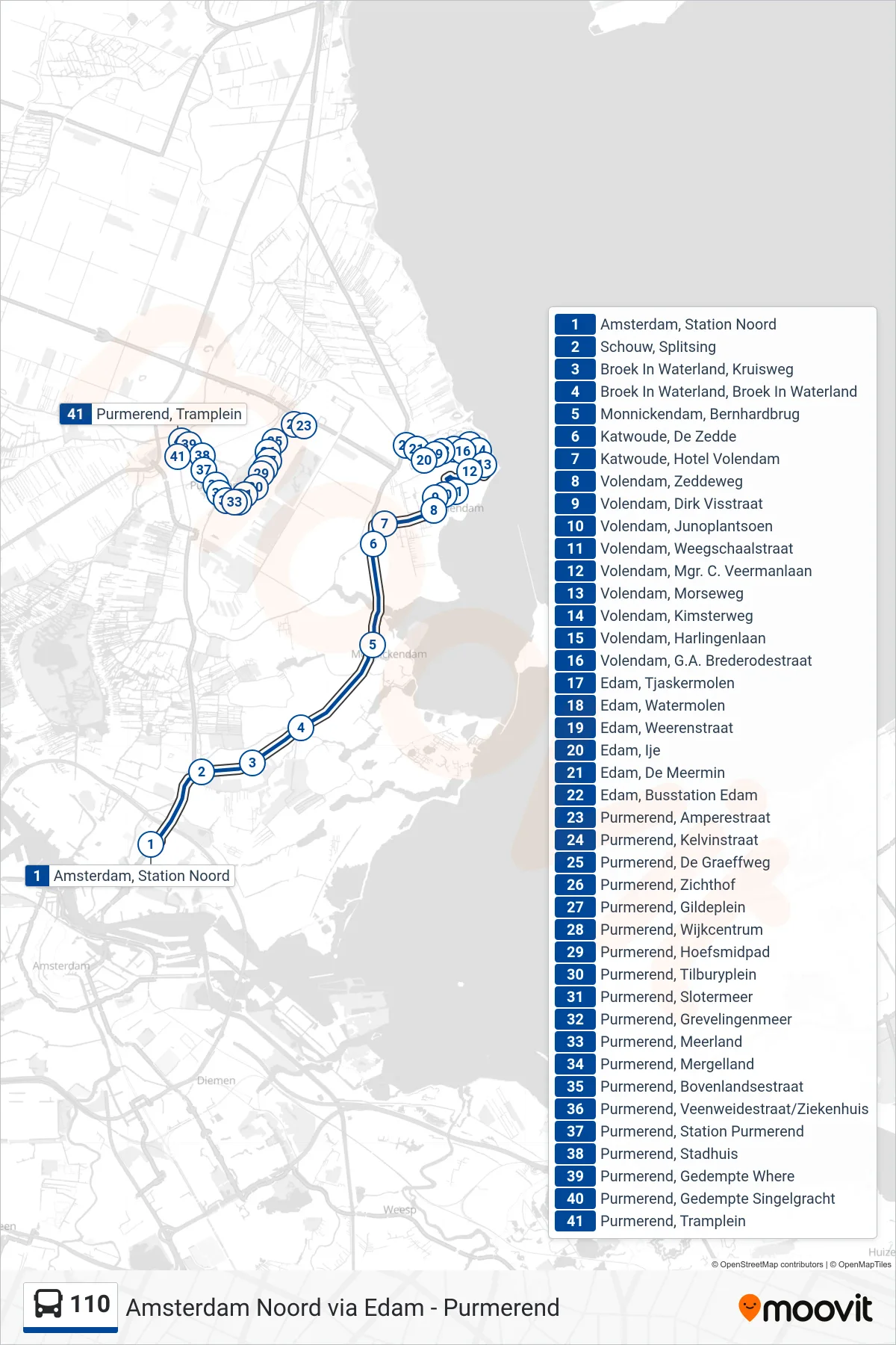 Lijn 110 (bus, Volendam-Edam): route en haltes op de kaart