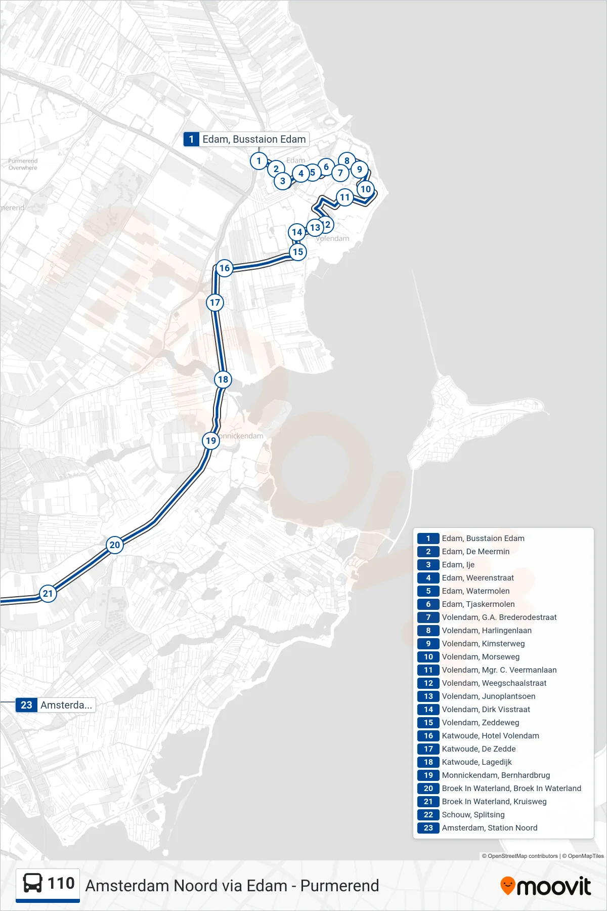 Lijn 110 (bus, Amsterdam Noord): route en haltes op de kaart